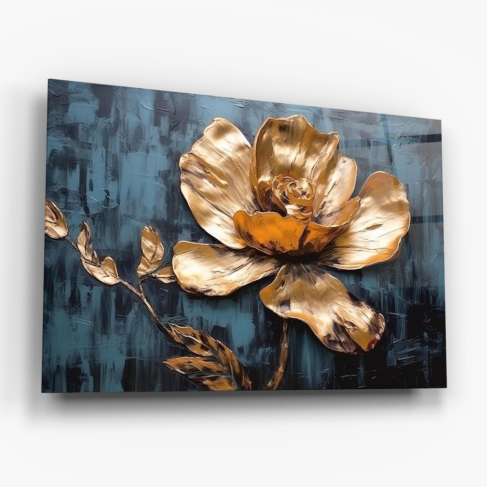 Glasbild Golden Rose On Blue mockup 6