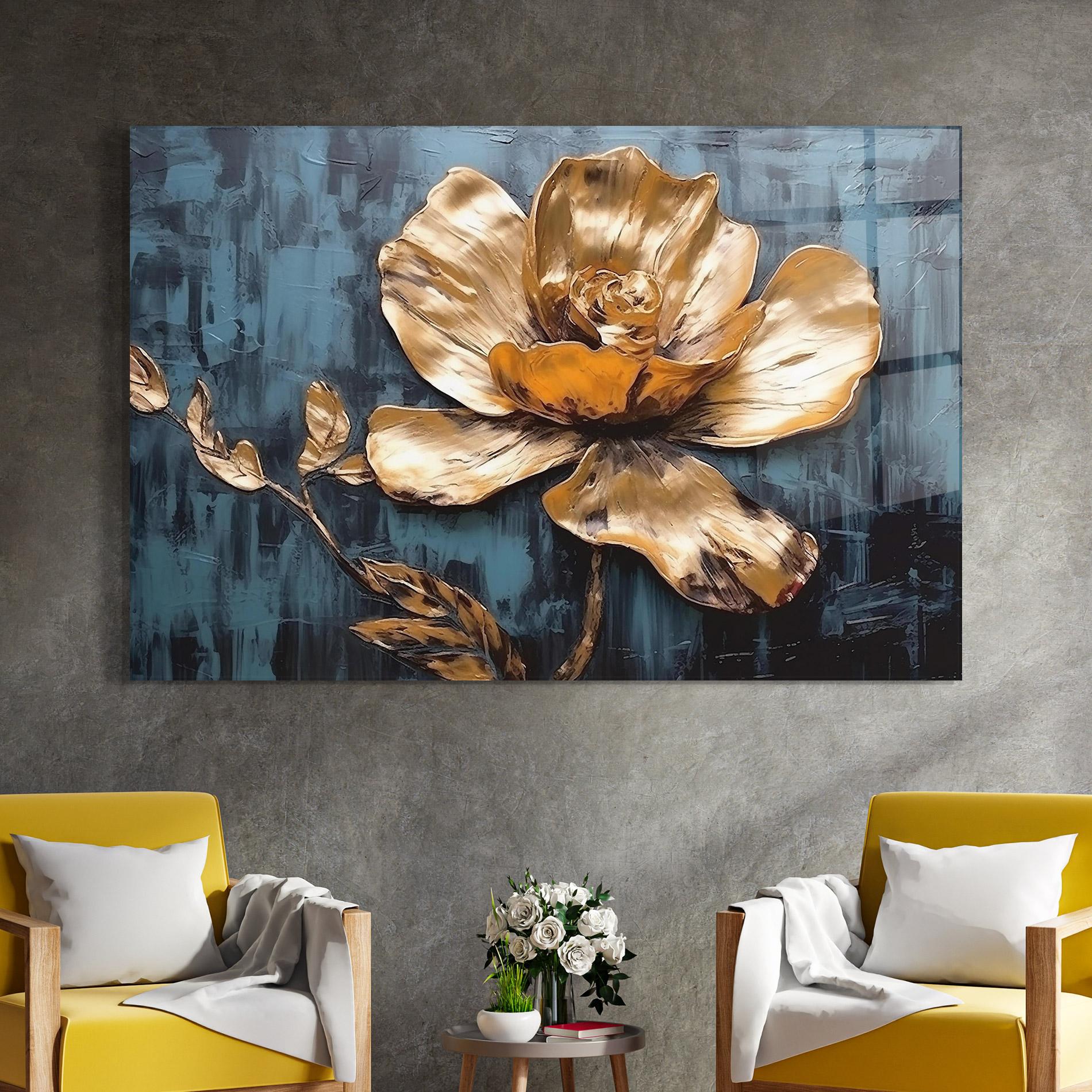Glasbild Golden Rose On Blue mockup 4
