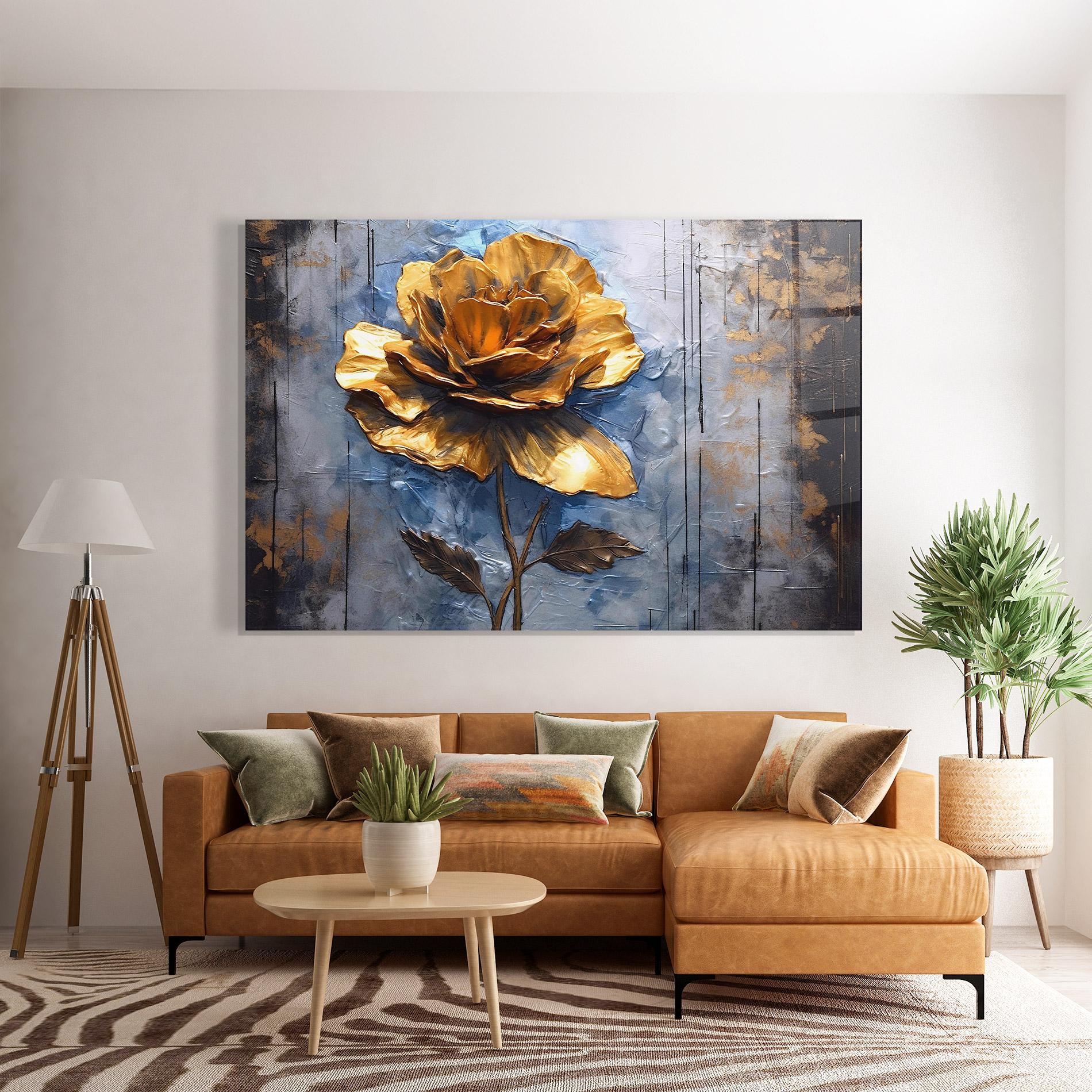 Glasbild Golden Rose Art On Blue mockup 7