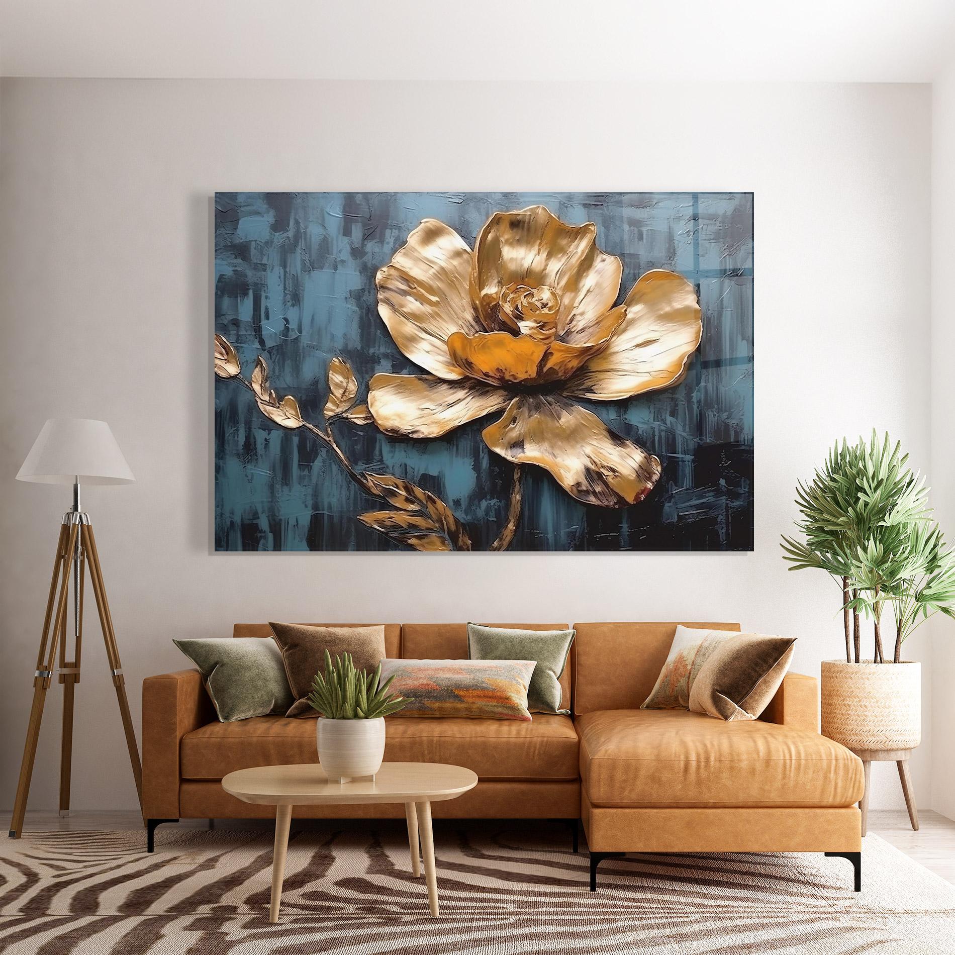 Glasbild Golden Rose On Blue mockup 7