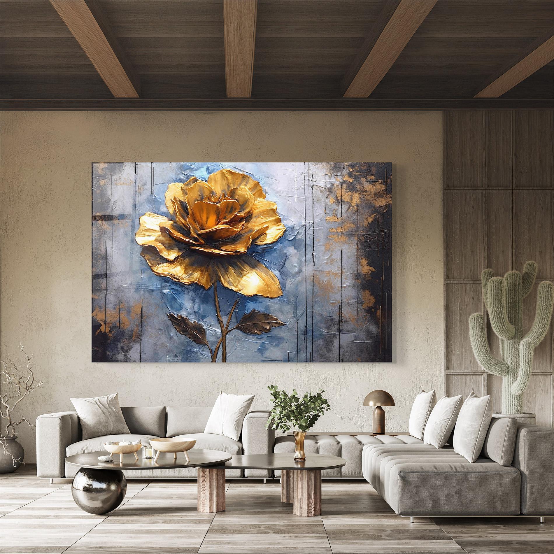 Glasbild Golden Rose Art On Blue mockup 8