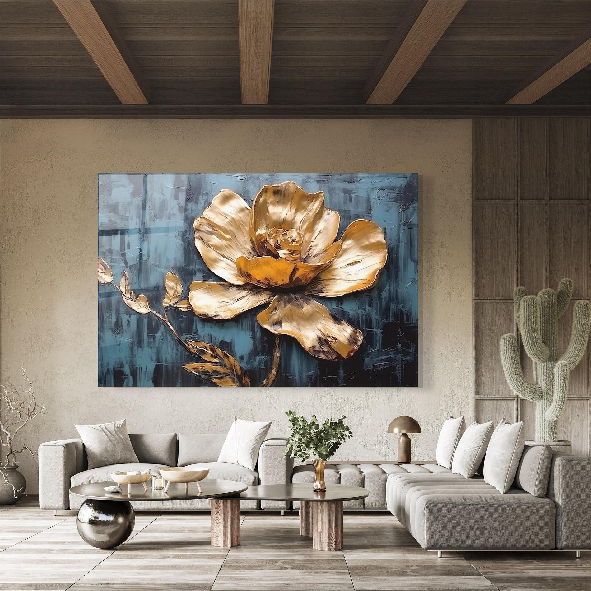 Glasbild Golden Rose On Blue mockup 8