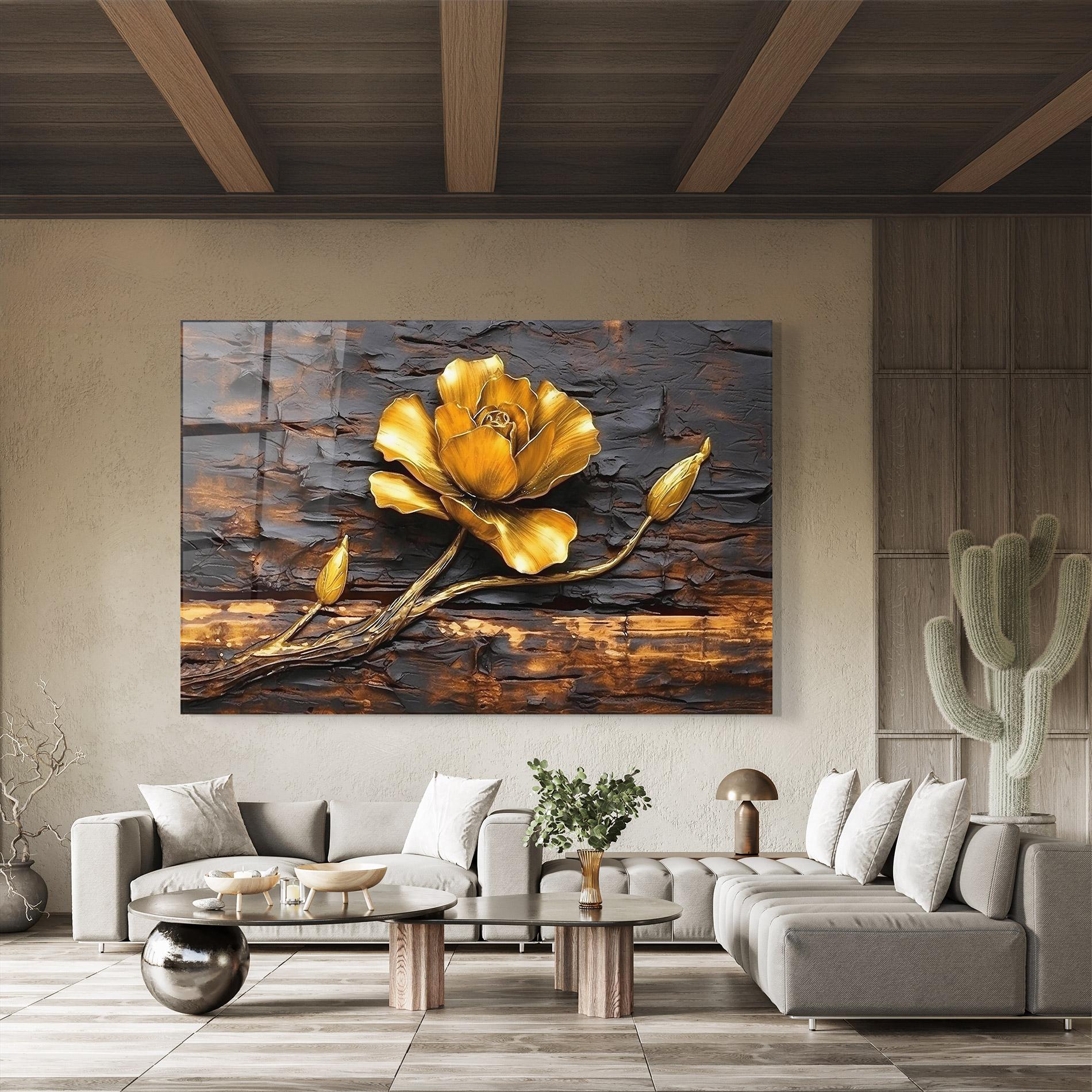 Glasbild Golden Rose On Wood mockup 8