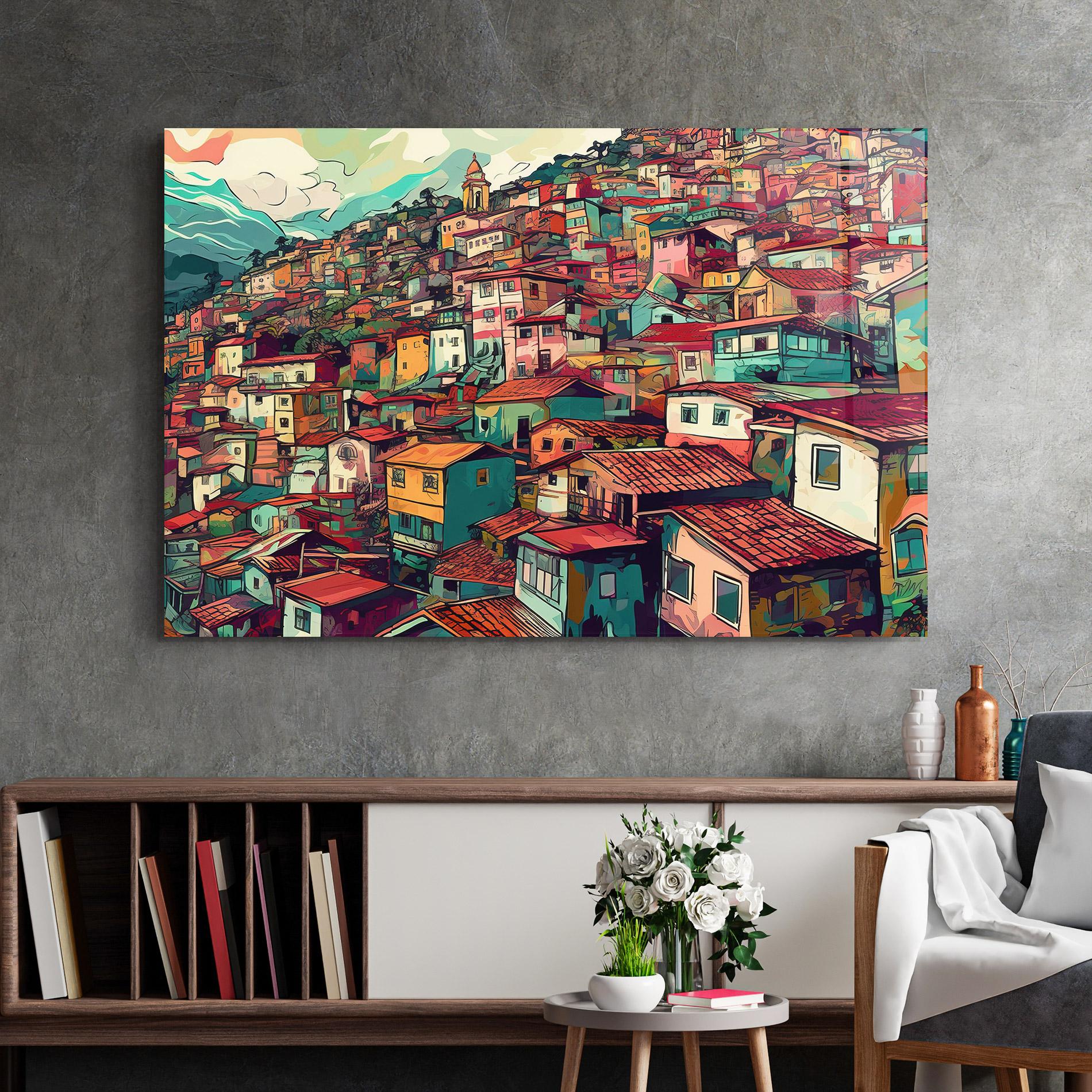 Glasbild Old Houses Morning mockup 2