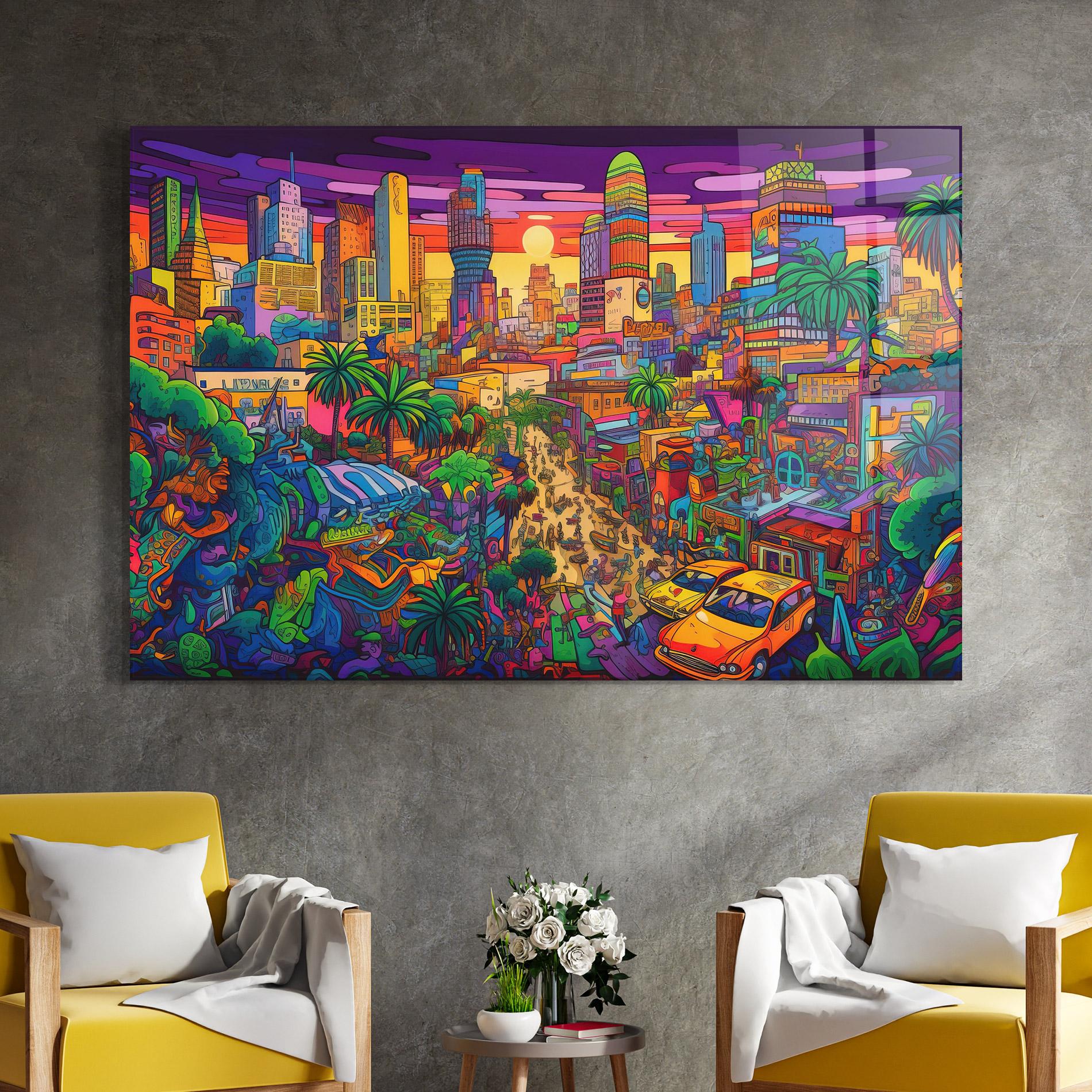 Glasbild Colorful Mural City mockup 4