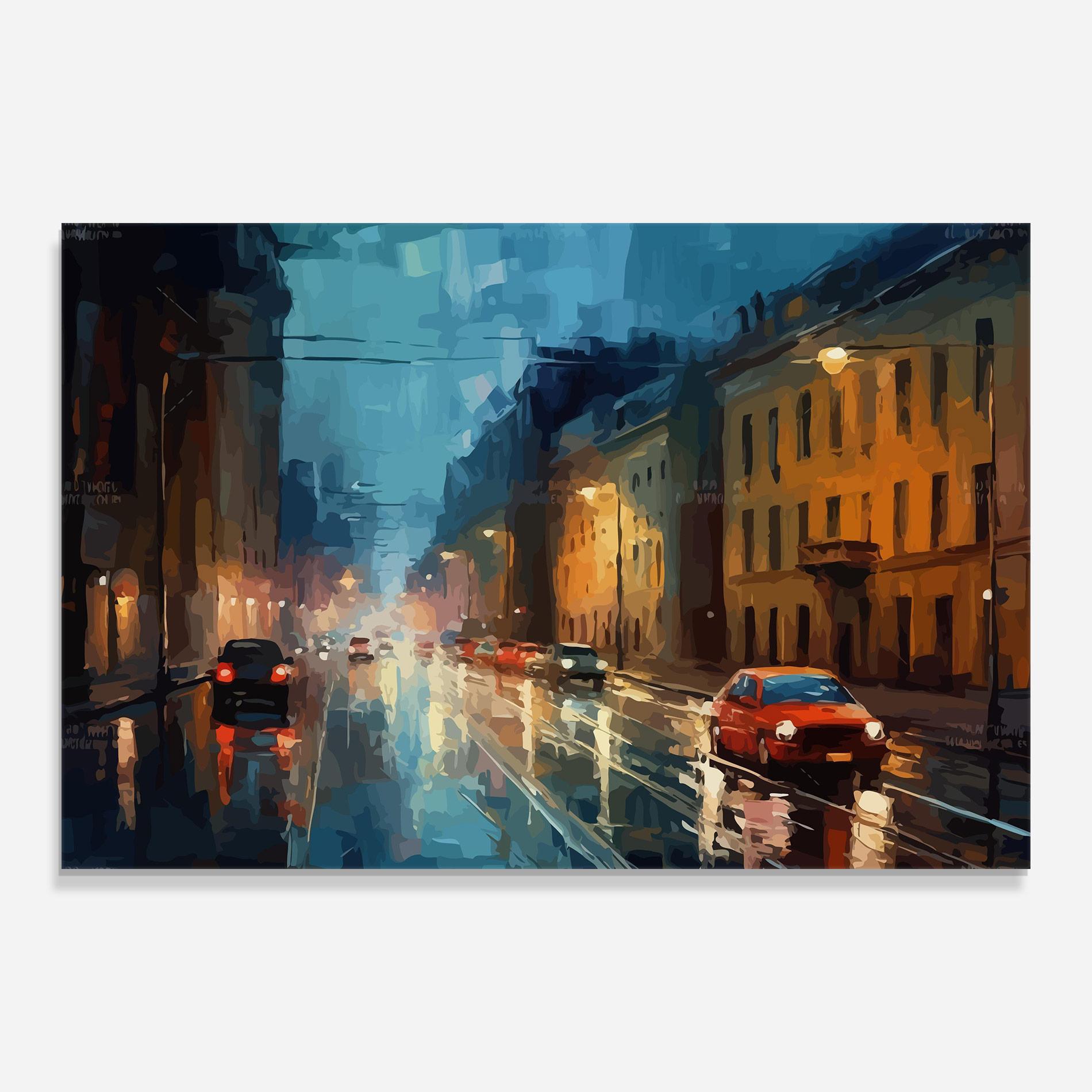 Glasbild Red Car City Night mockup 0