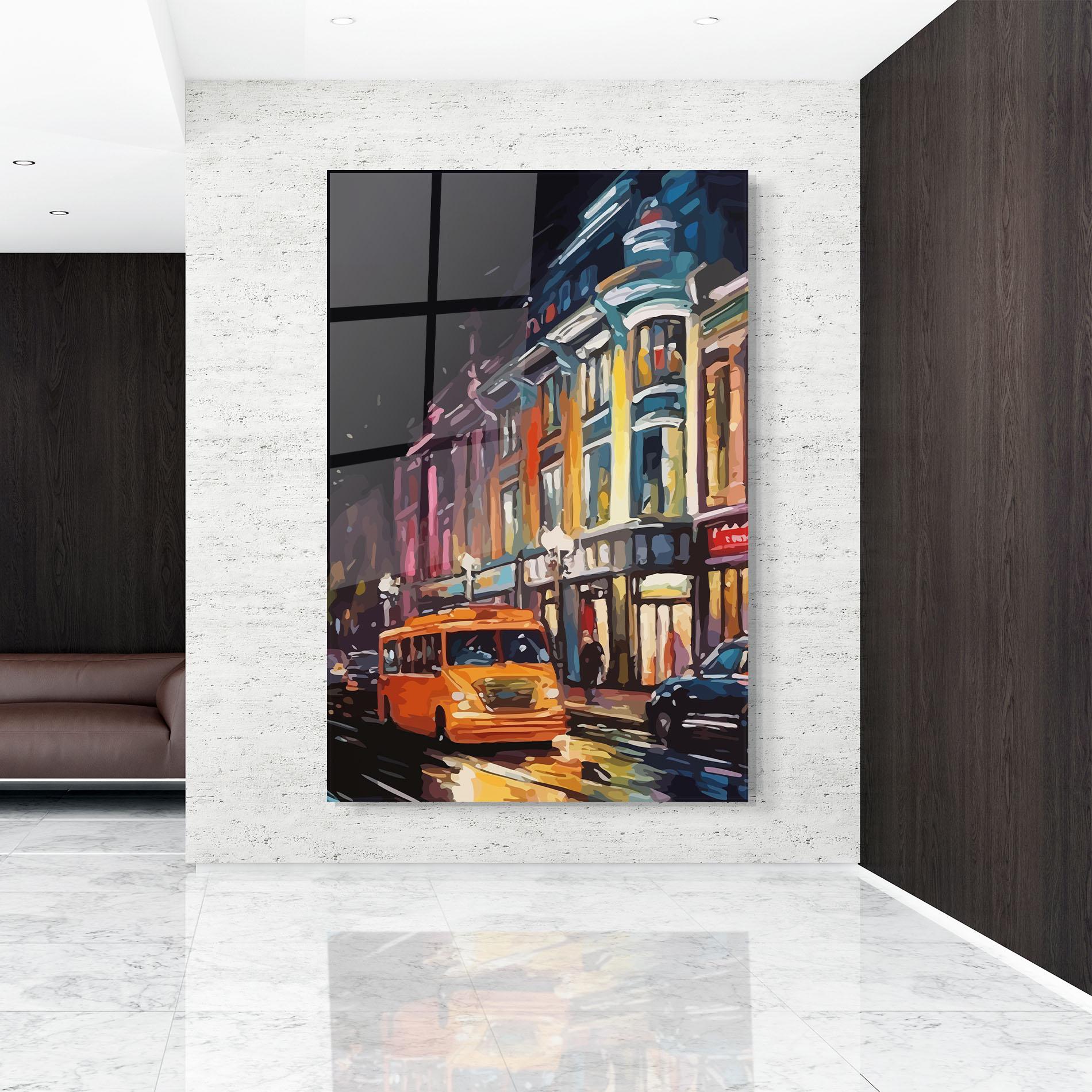 Glasbild Yellow Car City Art mockup 9