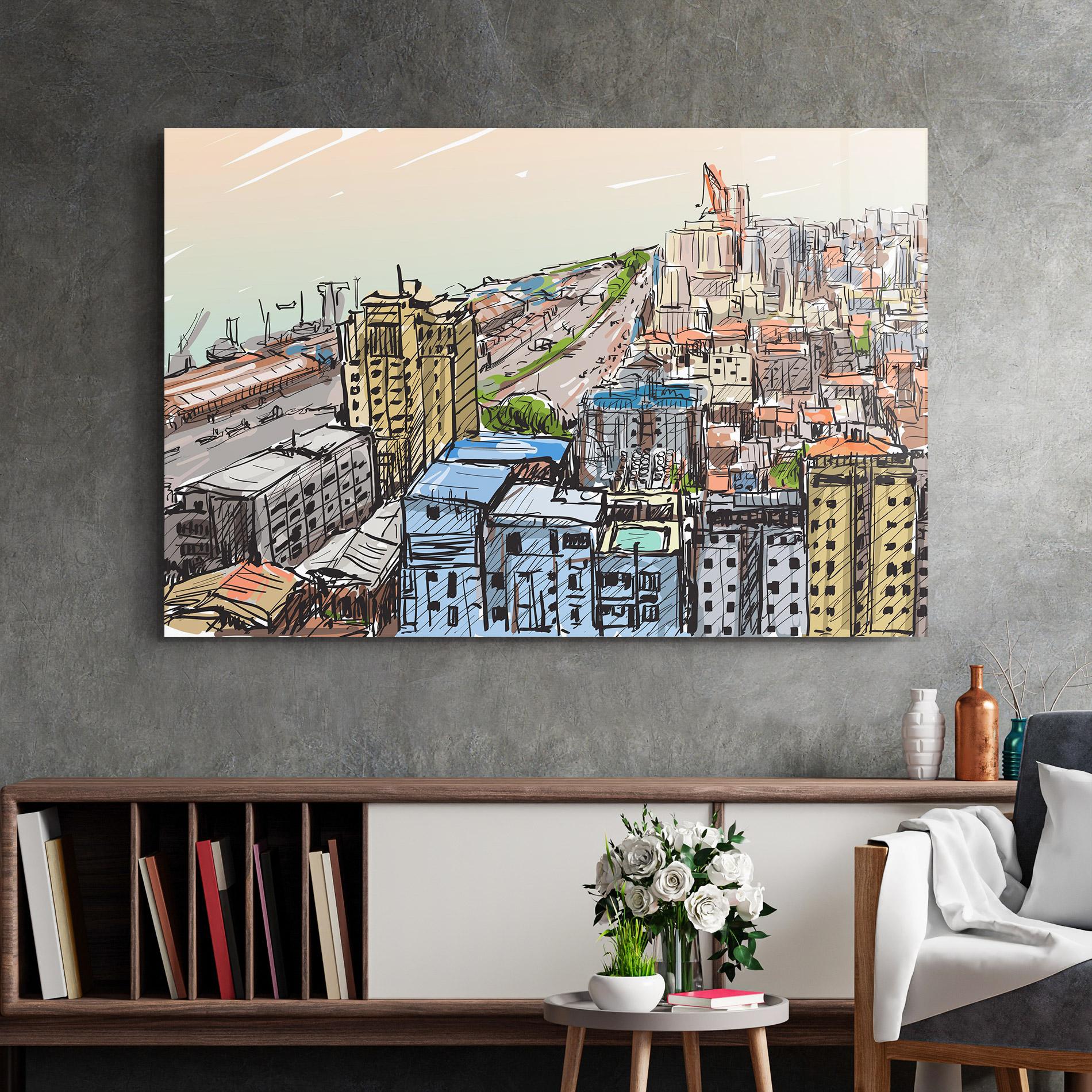 Glasbild Colorful City Drawing mockup 2
