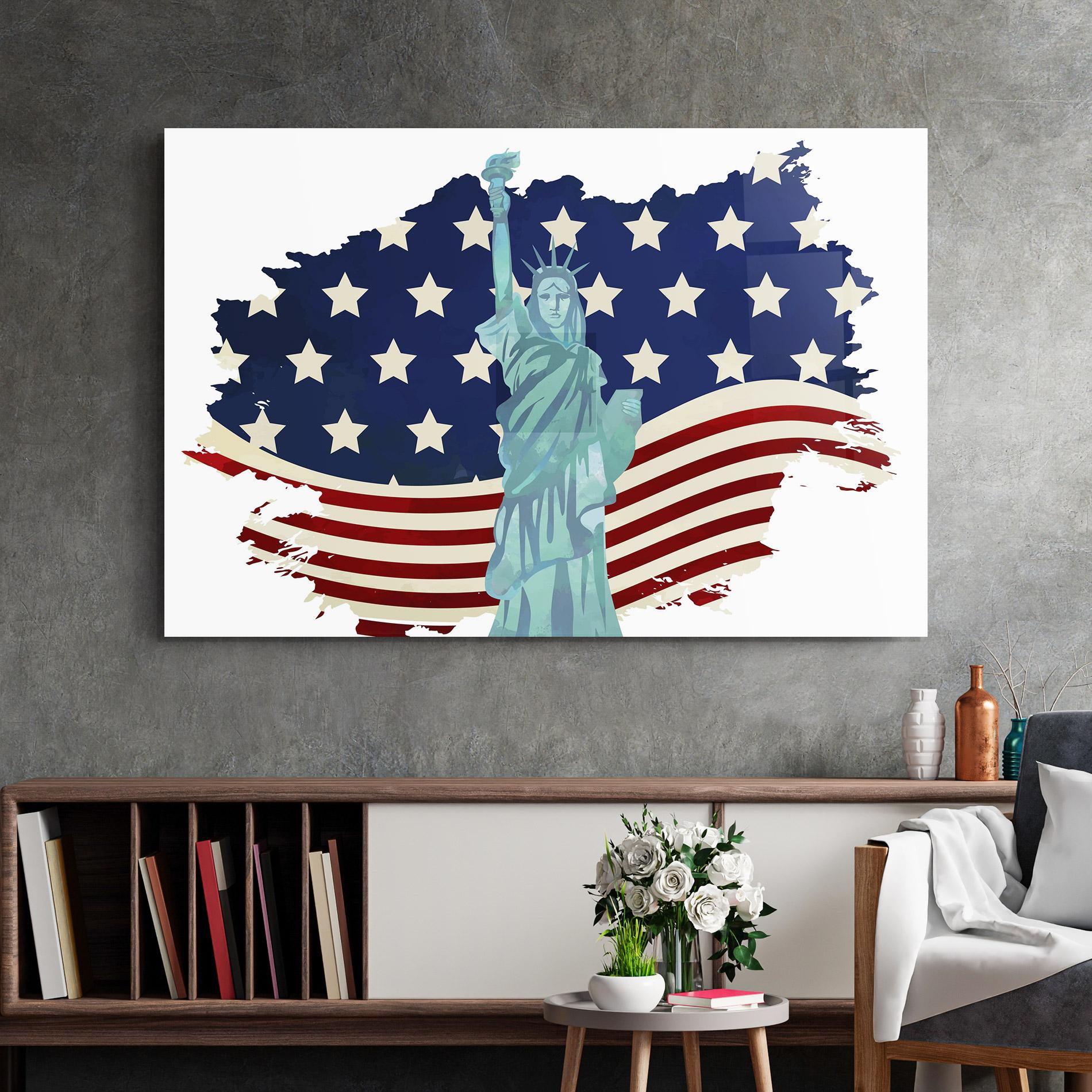 Glasbild Usa Flag Statue mockup 2