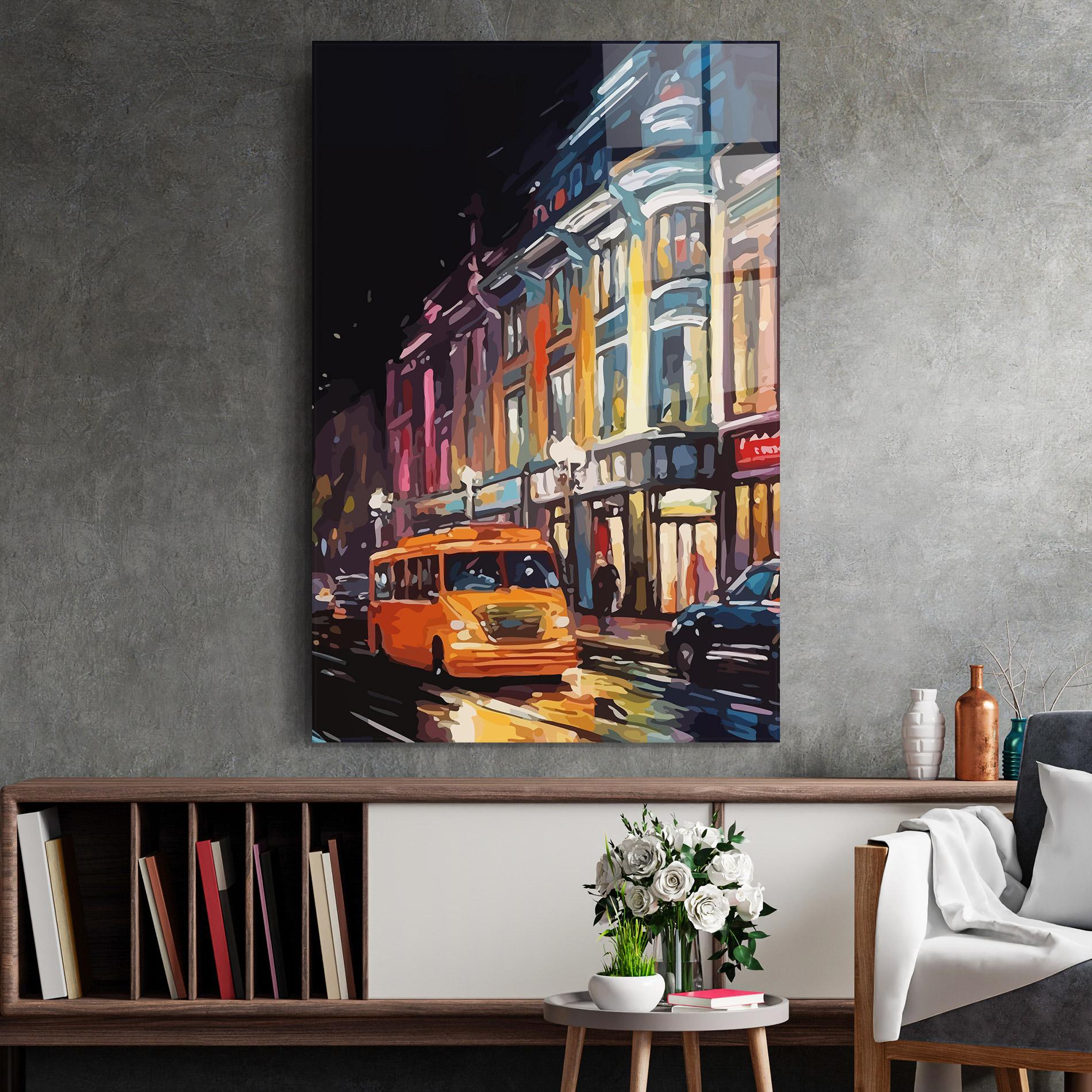 Glasbild Yellow Car City Art mockup 2