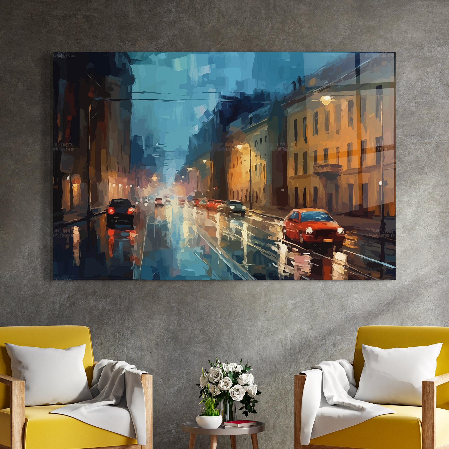 Glasbild Red Car City Night mockup 4