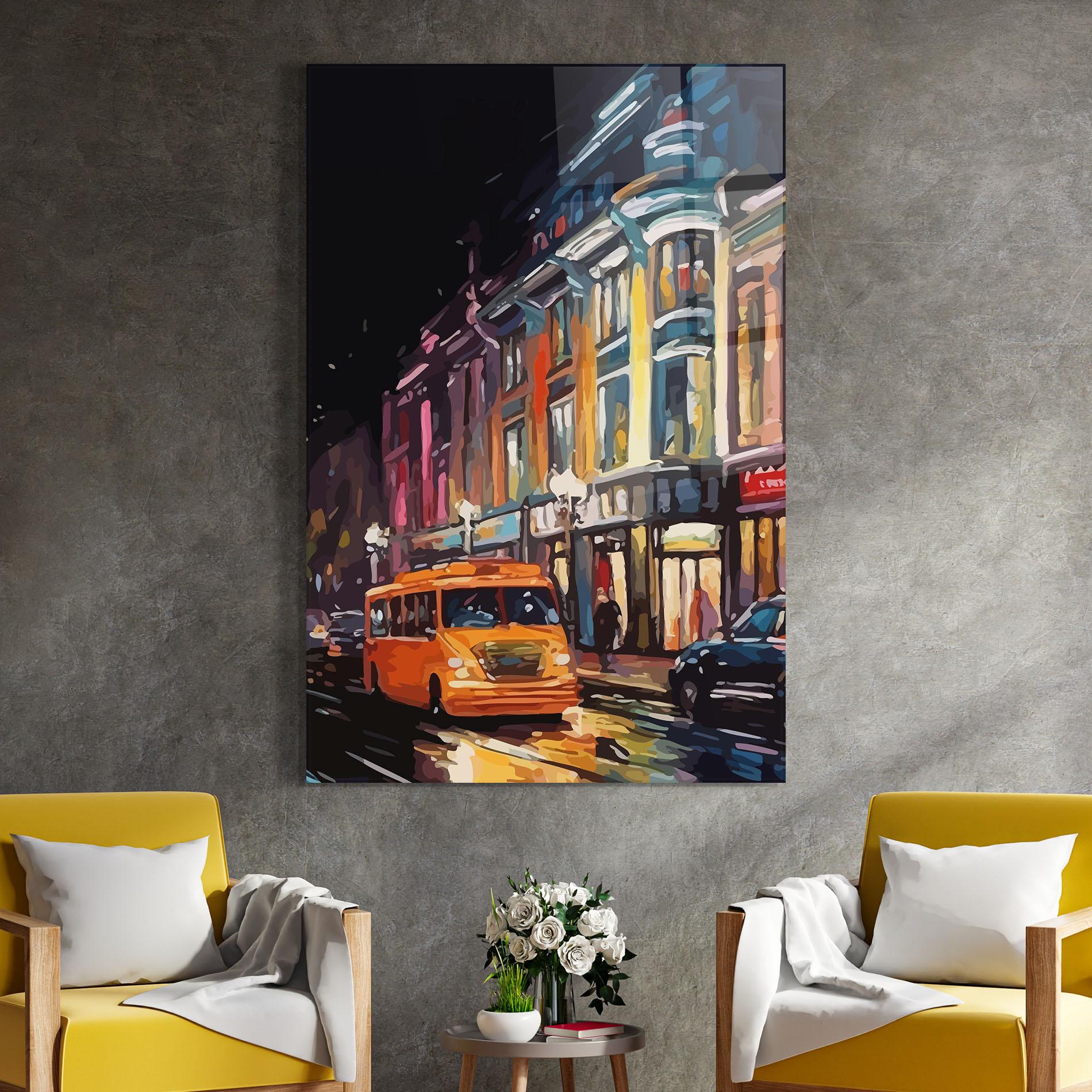 Glasbild Yellow Car City Art mockup 4