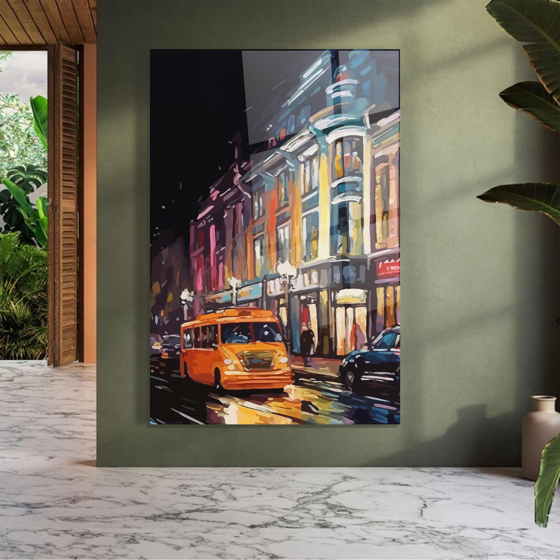 Glasbild Yellow Car City Art mockup 7