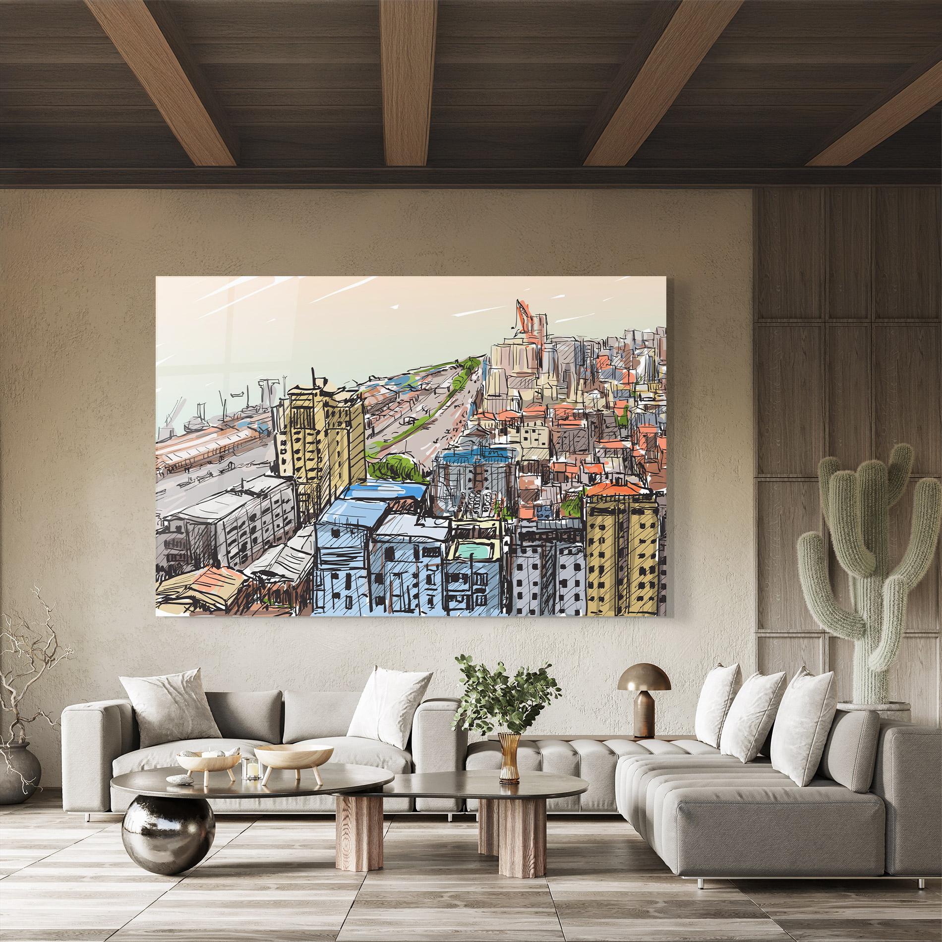 Glasbild Colorful City Drawing mockup 8