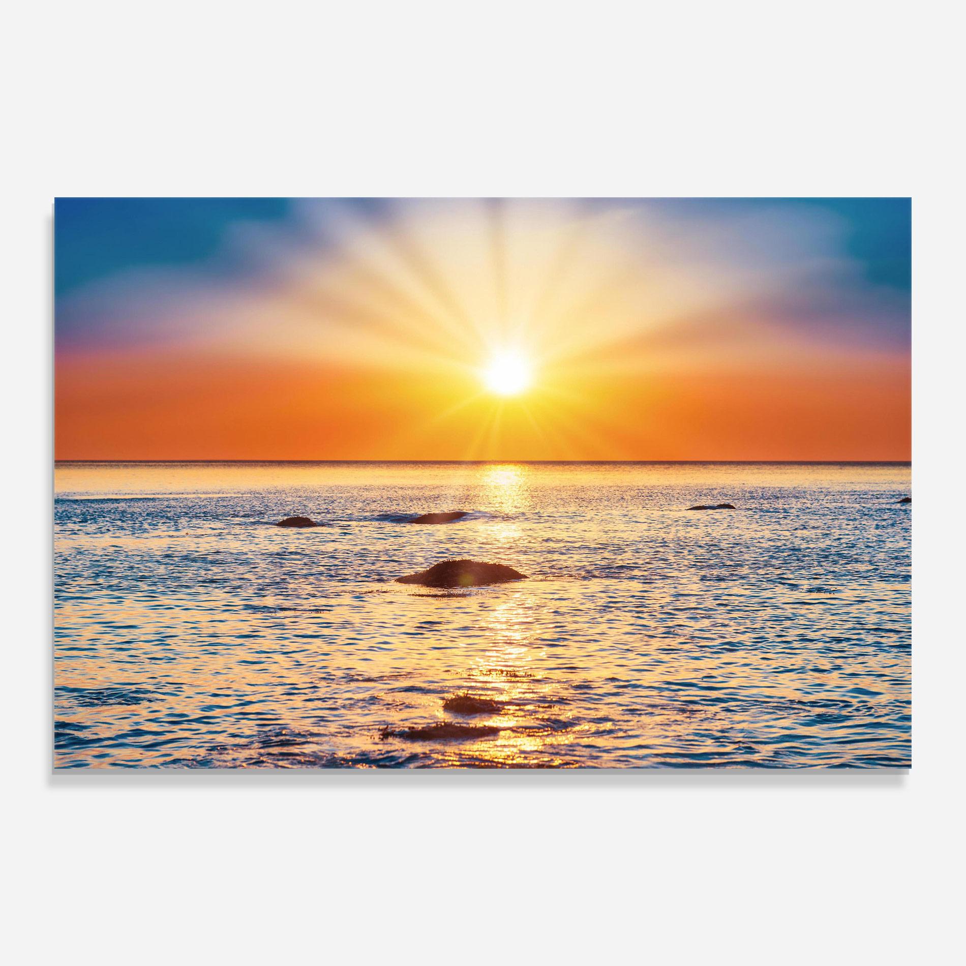 Glasbild Sunset Beach Rocks mockup 0
