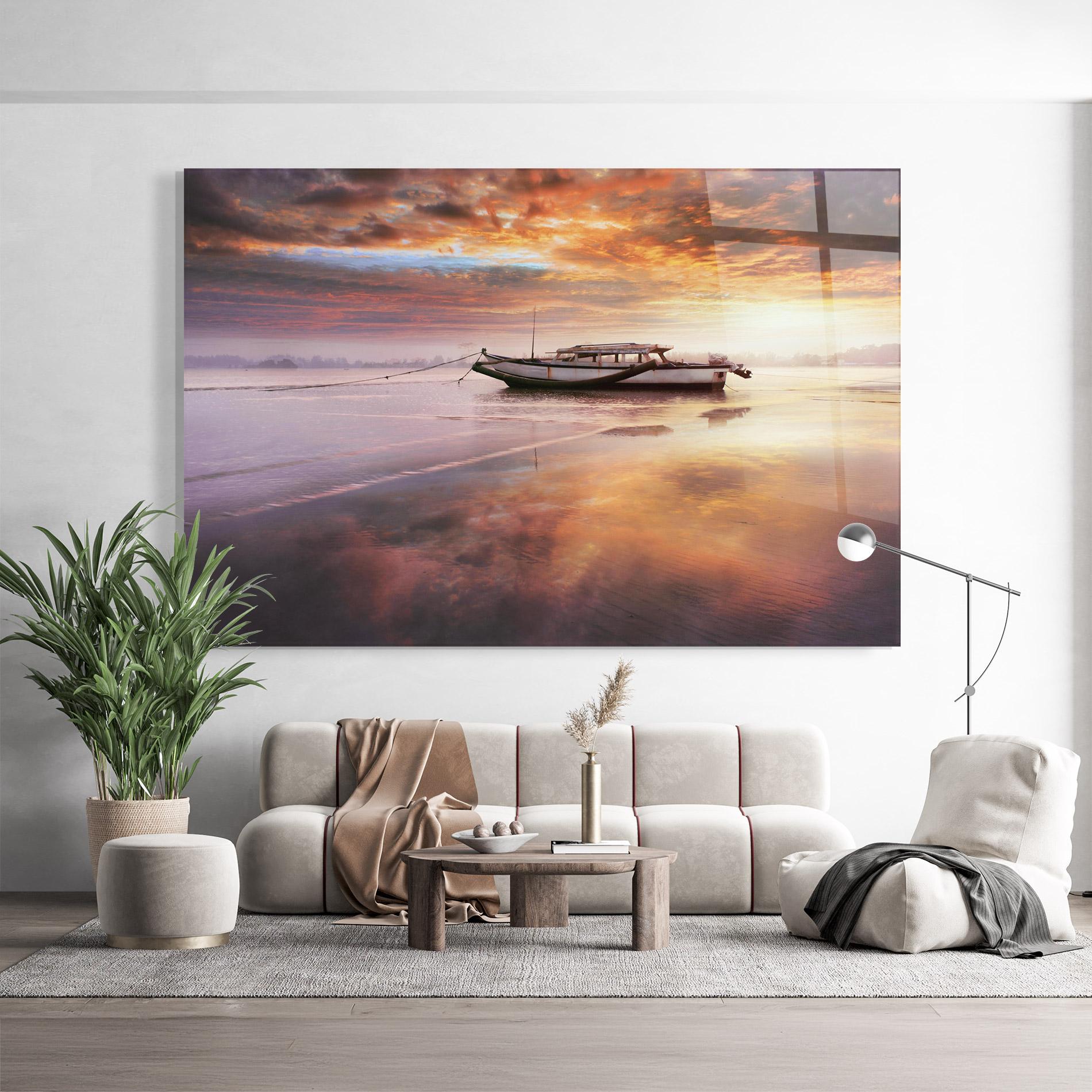 Glasbild Beauty Boat Sunrise mockup 9