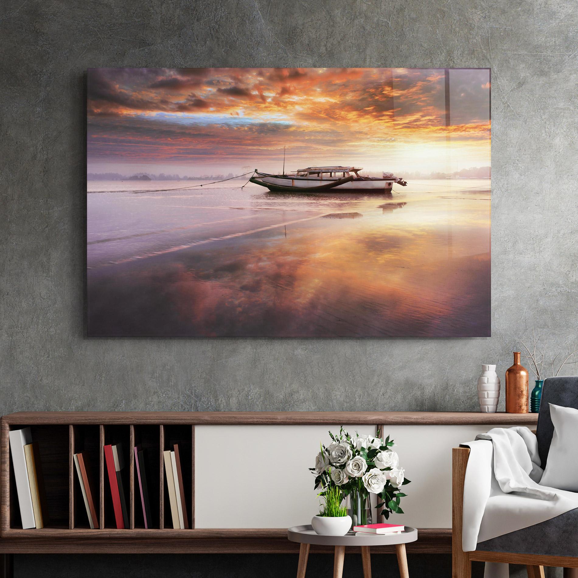Glasbild Beauty Boat Sunrise mockup 2