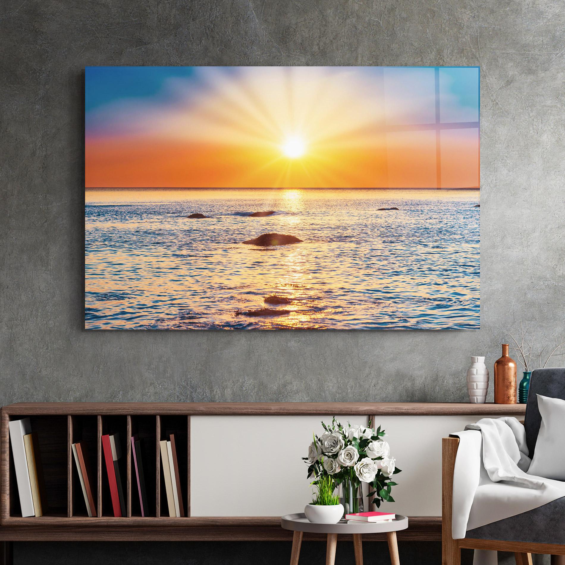 Glasbild Sunset Beach Rocks mockup 2