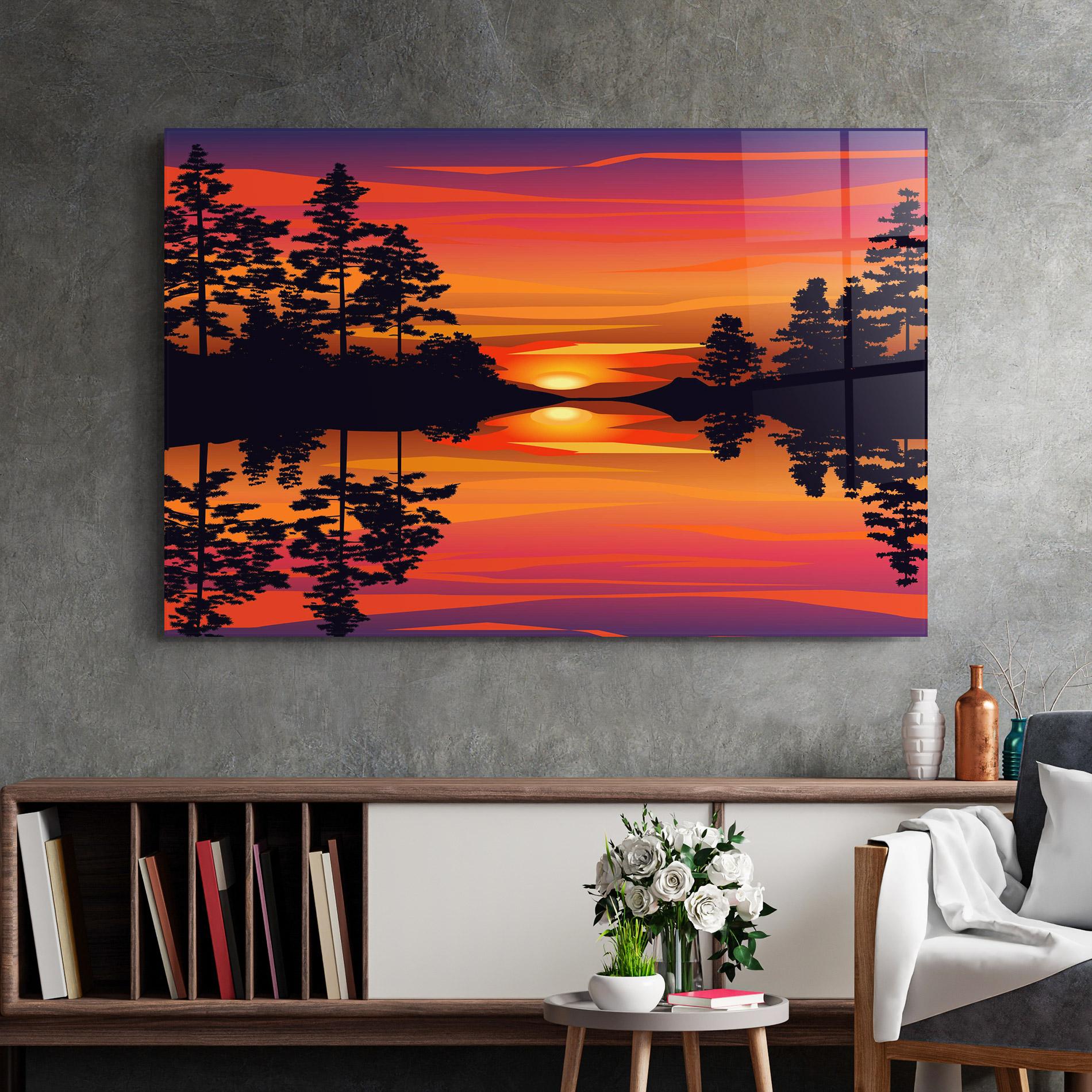 Glasbild Sunset Forest Reflection mockup 2