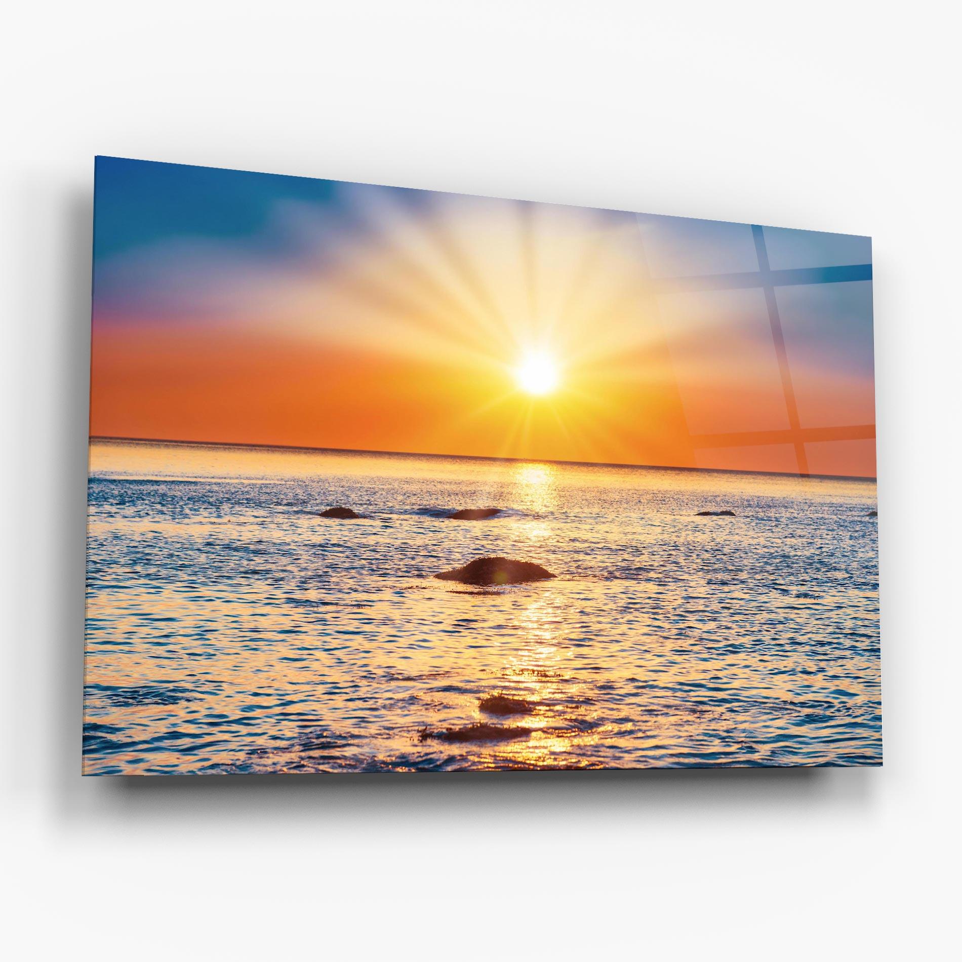 Glasbild Sunset Beach Rocks mockup 6