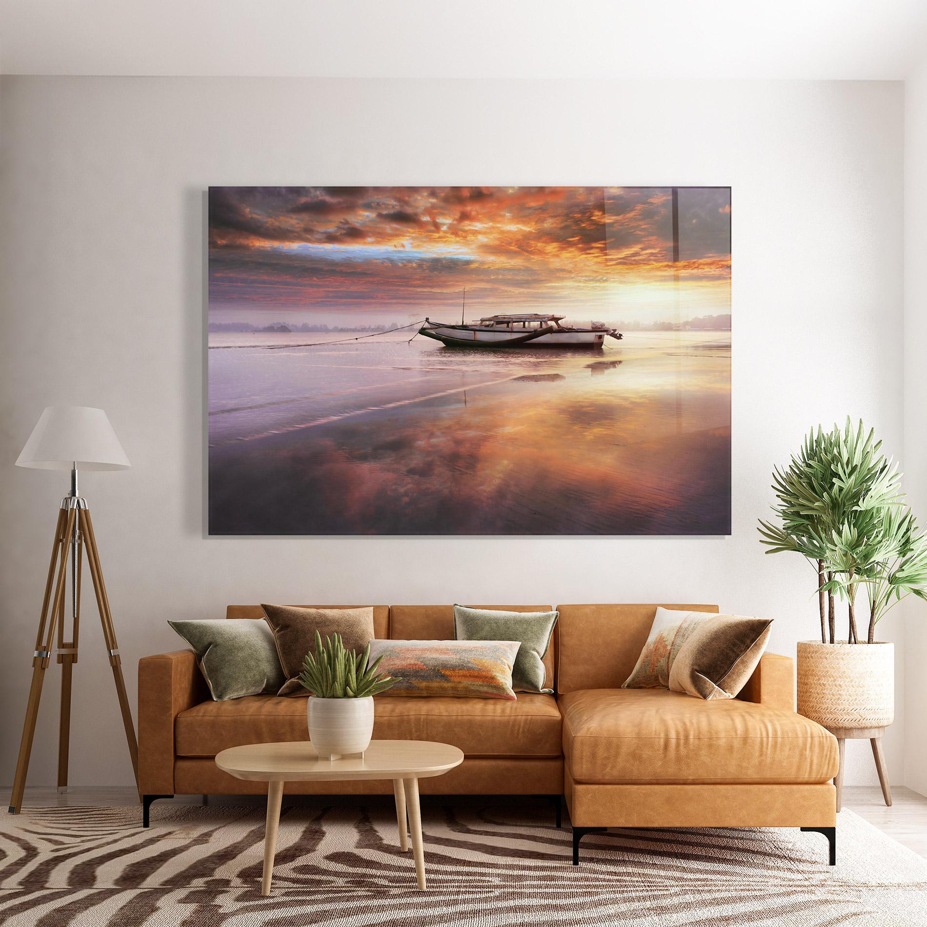 Glasbild Beauty Boat Sunrise mockup 7