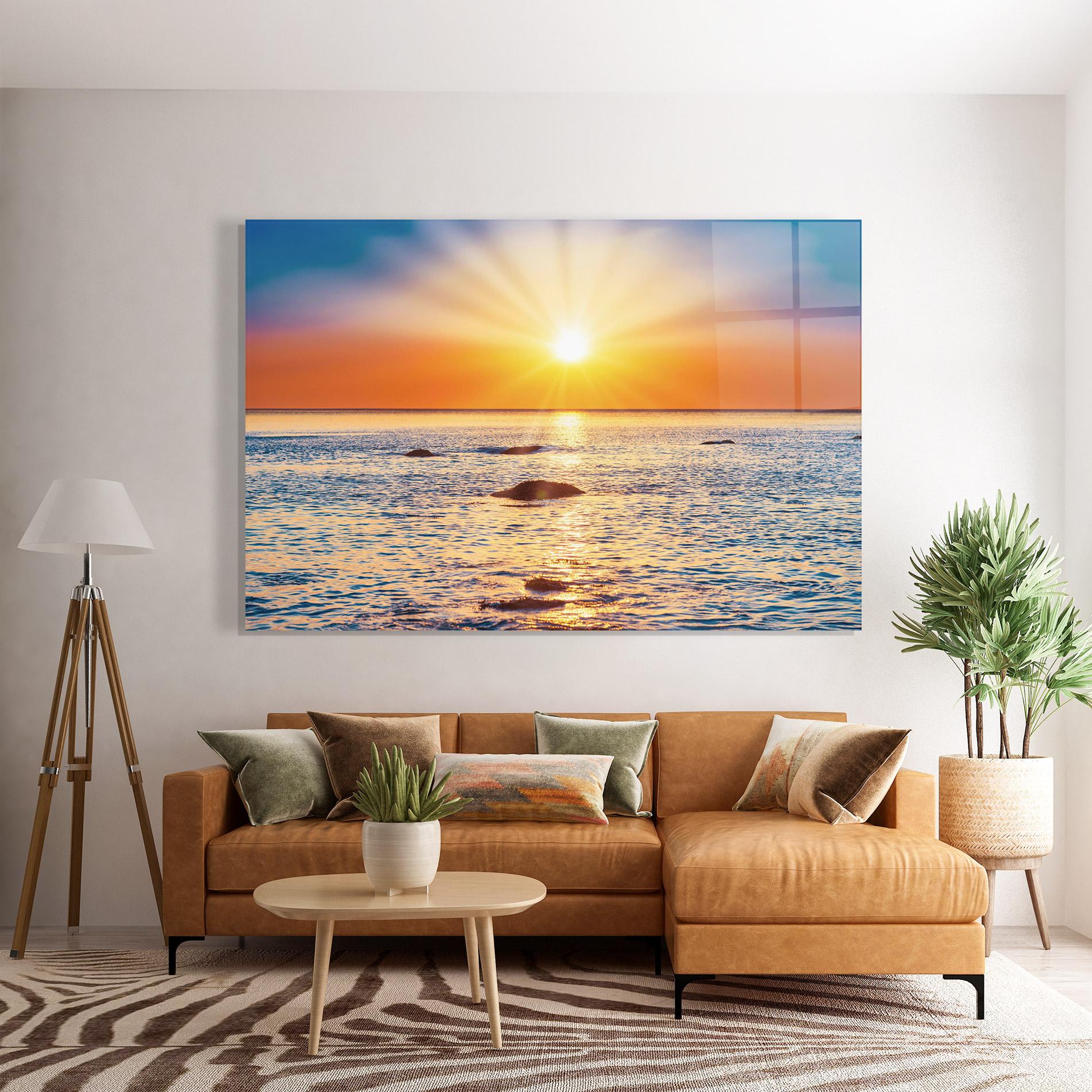 Glasbild Sunset Beach Rocks mockup 7