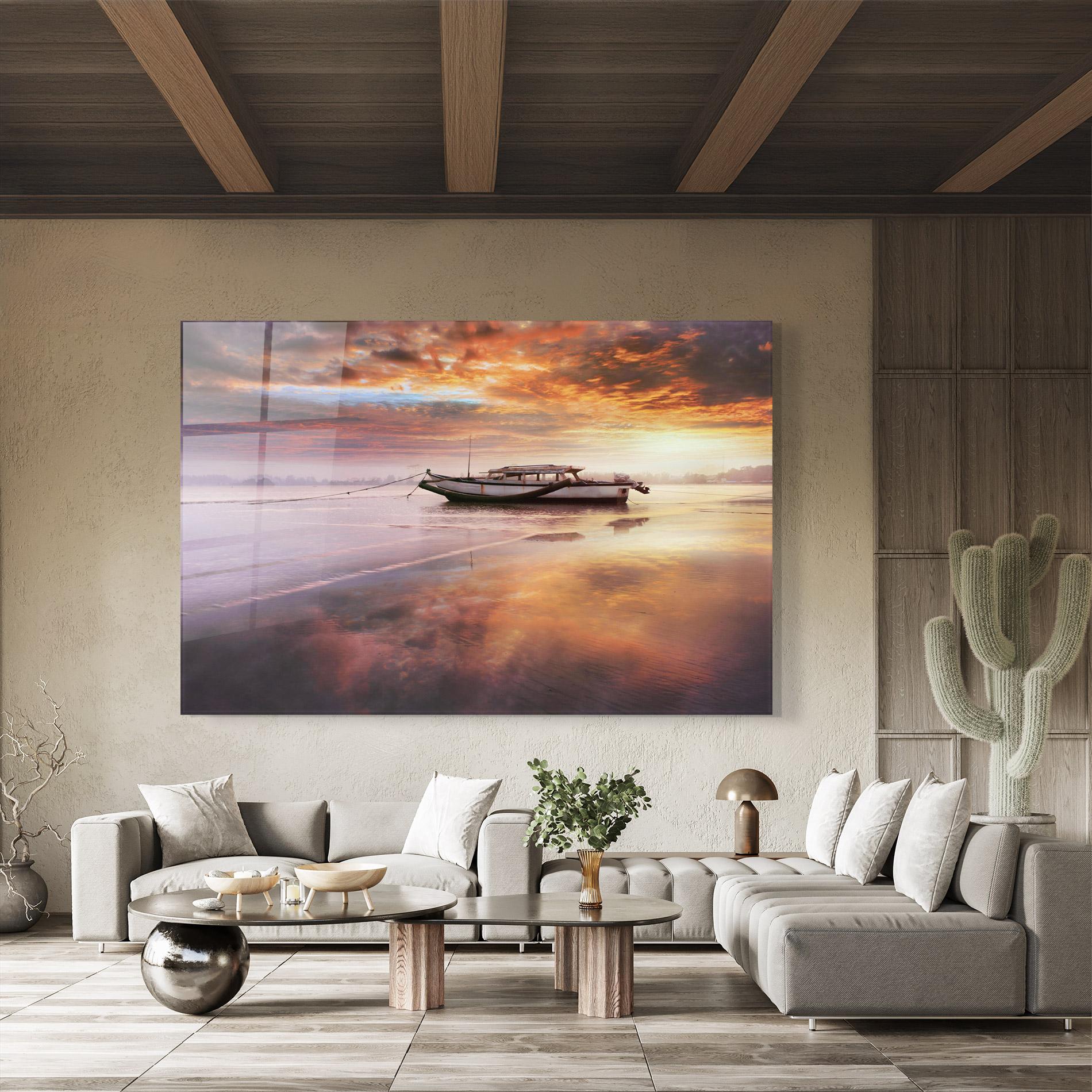 Glasbild Beauty Boat Sunrise mockup 8