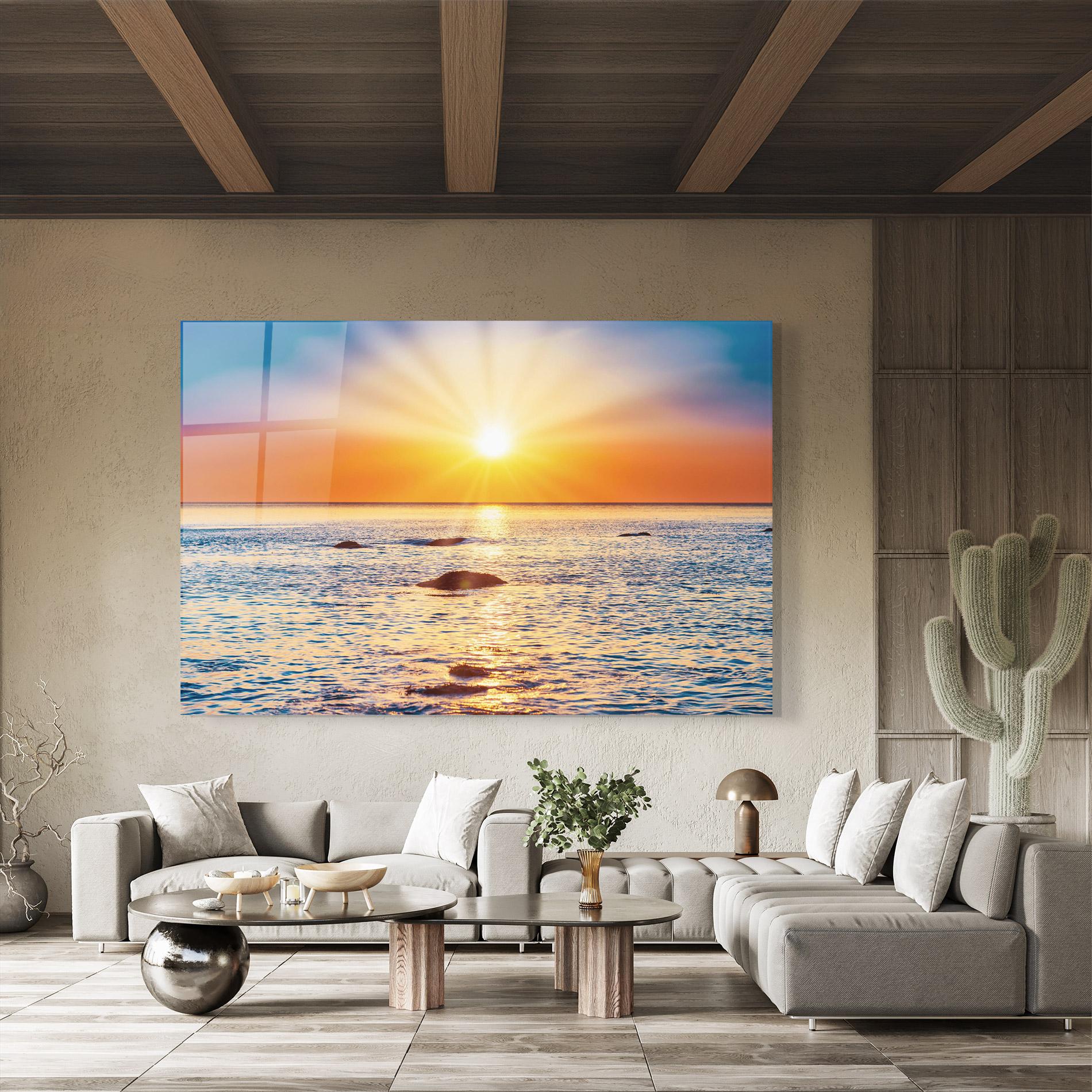 Glasbild Sunset Beach Rocks mockup 8