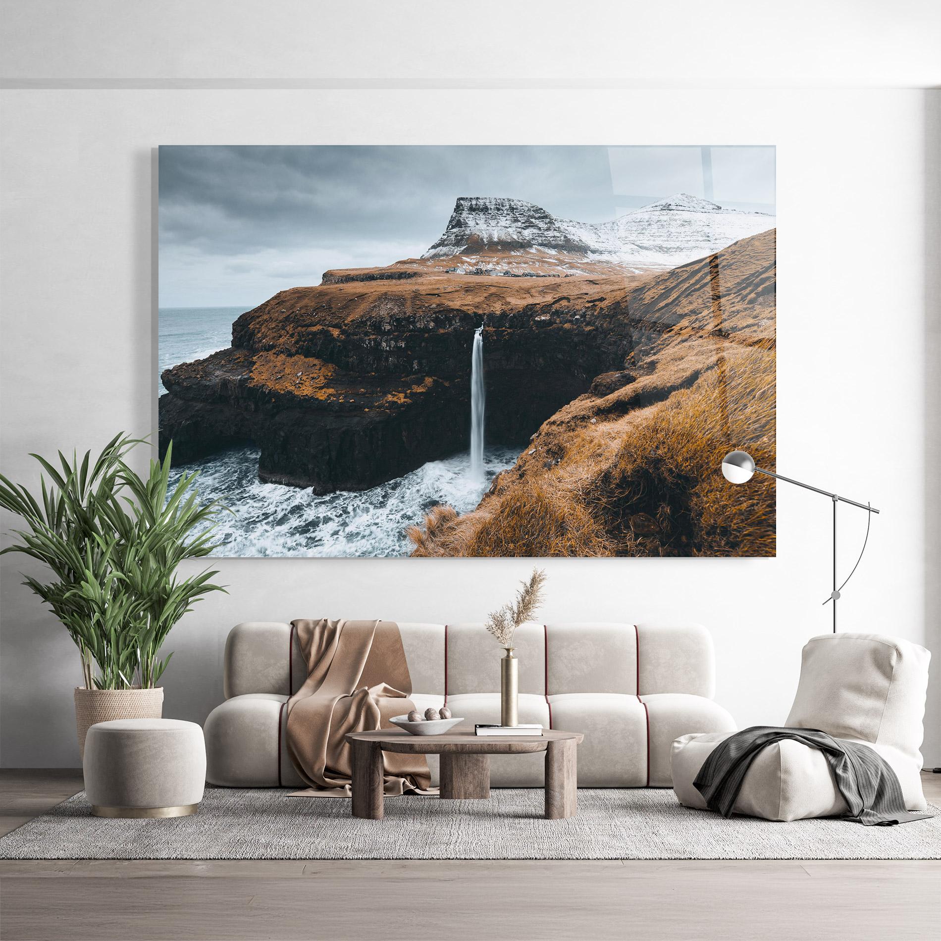 Glasbild Black Houses Waterfall mockup 9