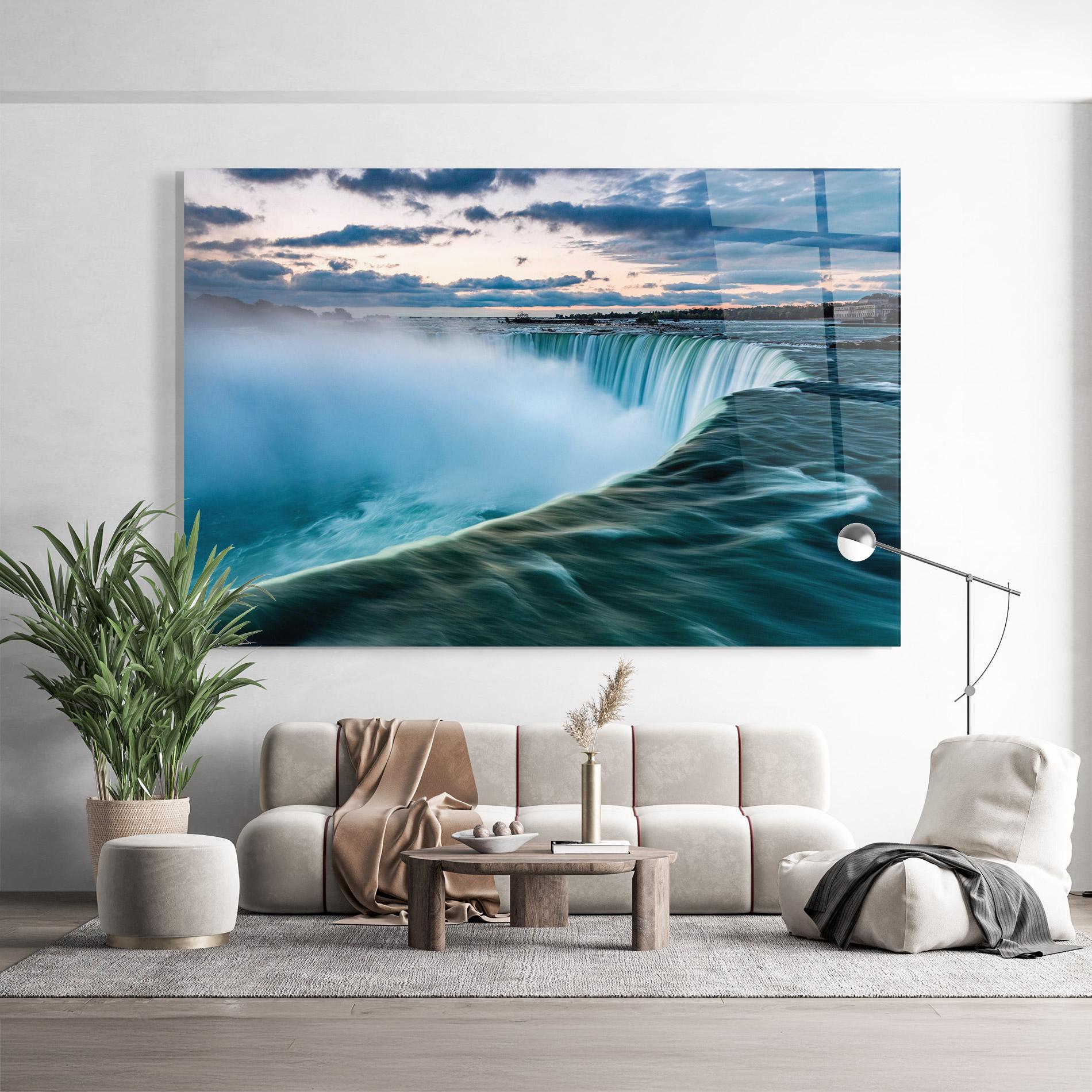 Glasbild Blue Dreamy Waterfall mockup 9