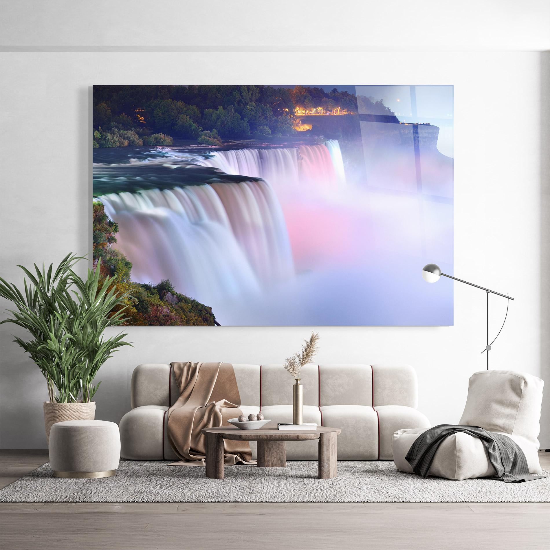Glasbild Dreamy Purple Waterfall mockup 9