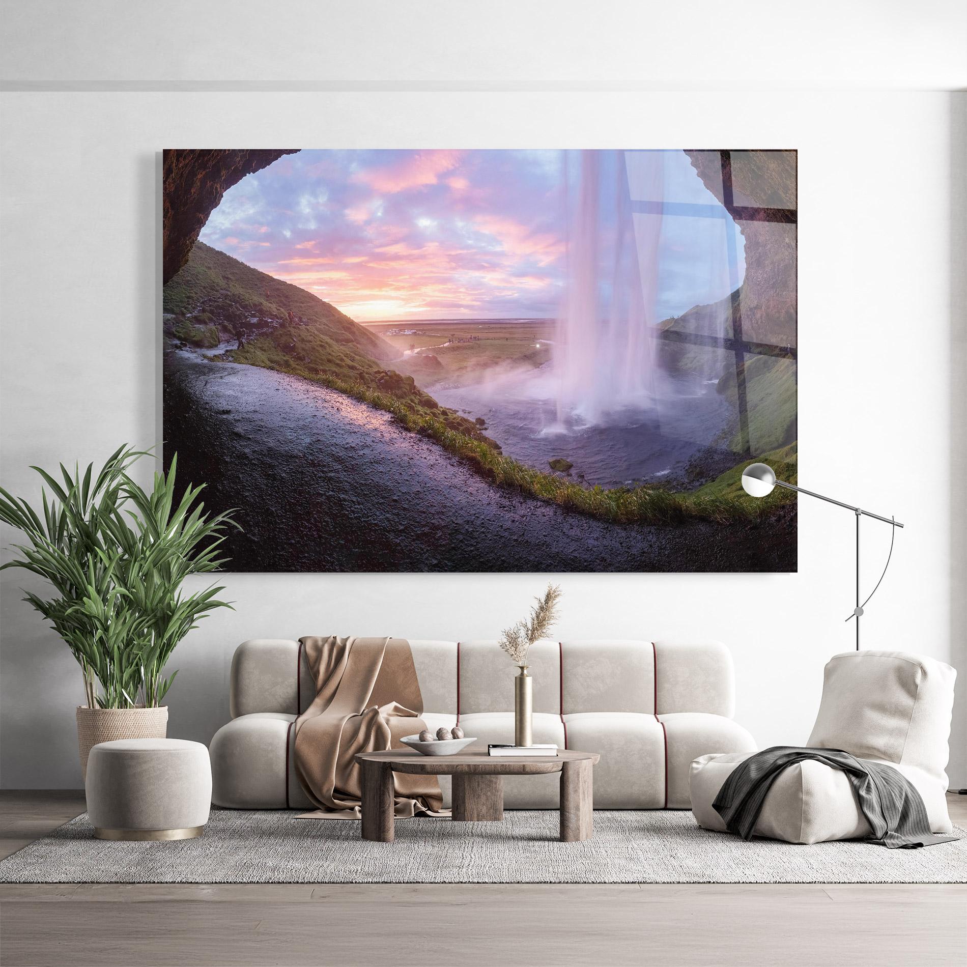 Glasbild Waterfall From Cave View mockup 9