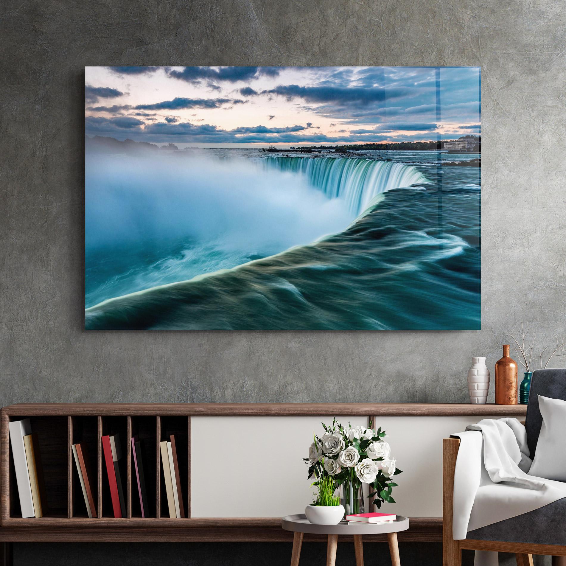 Glasbild Blue Dreamy Waterfall mockup 2