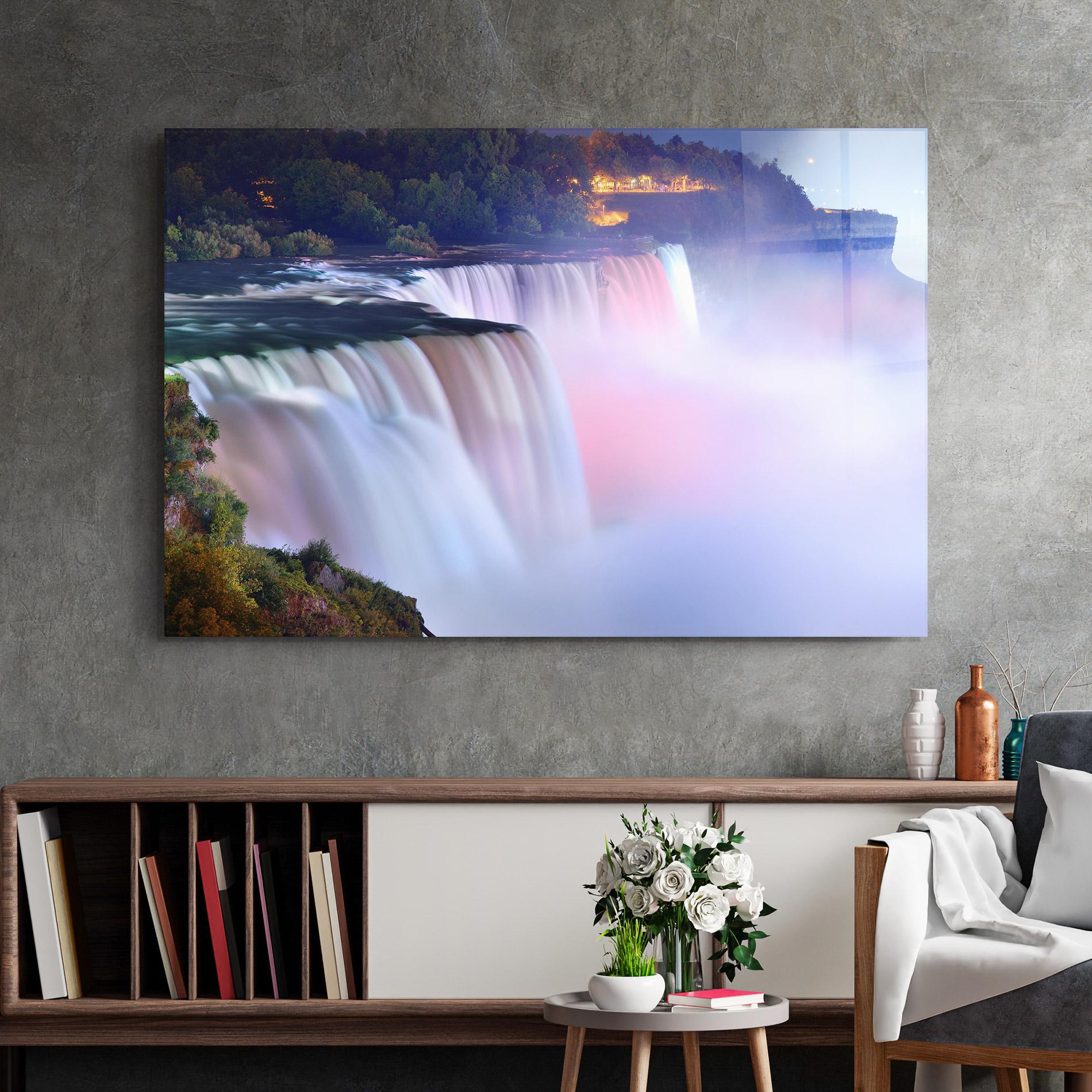 Glasbild Dreamy Purple Waterfall mockup 2