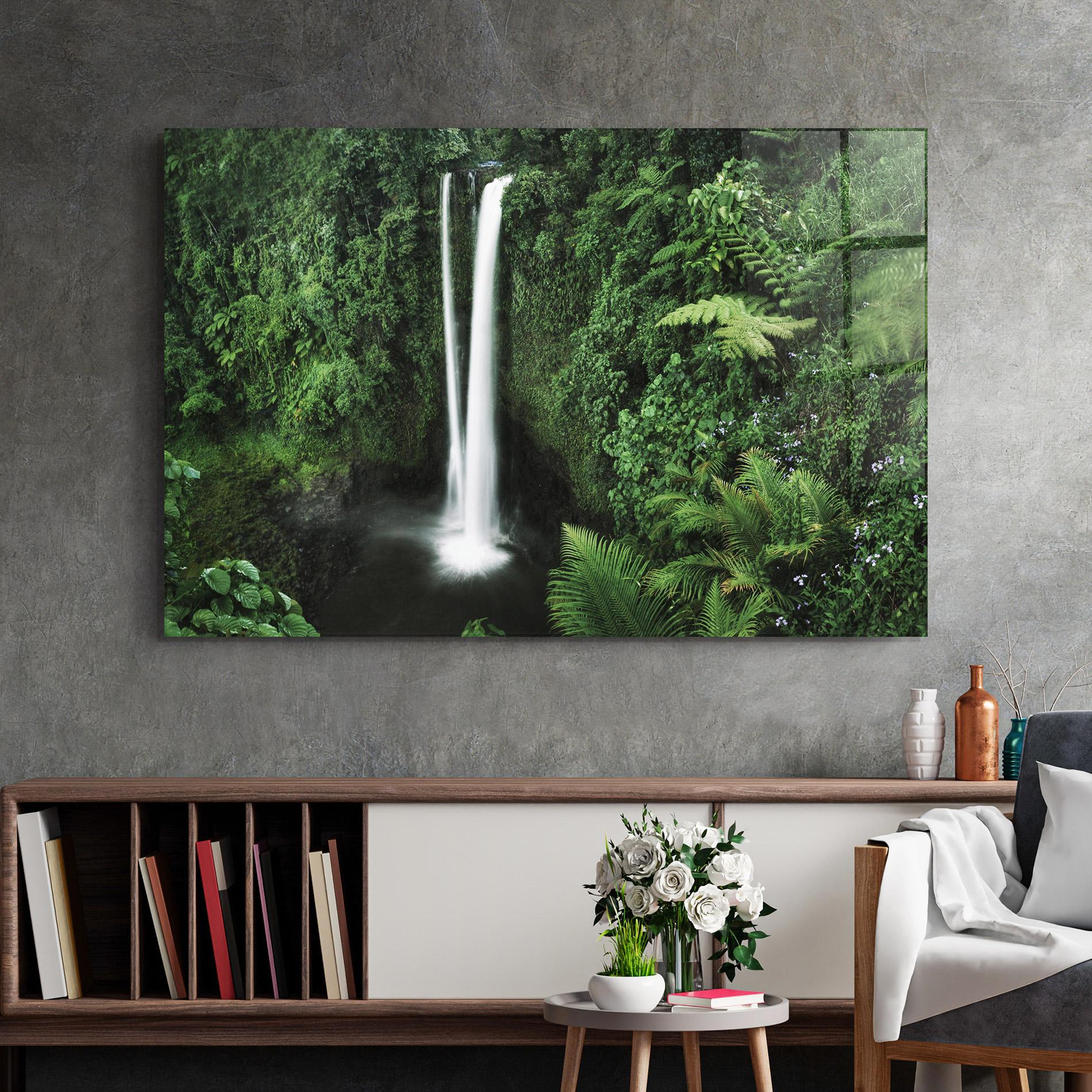 Glasbild Green Nature Waterfall mockup 2