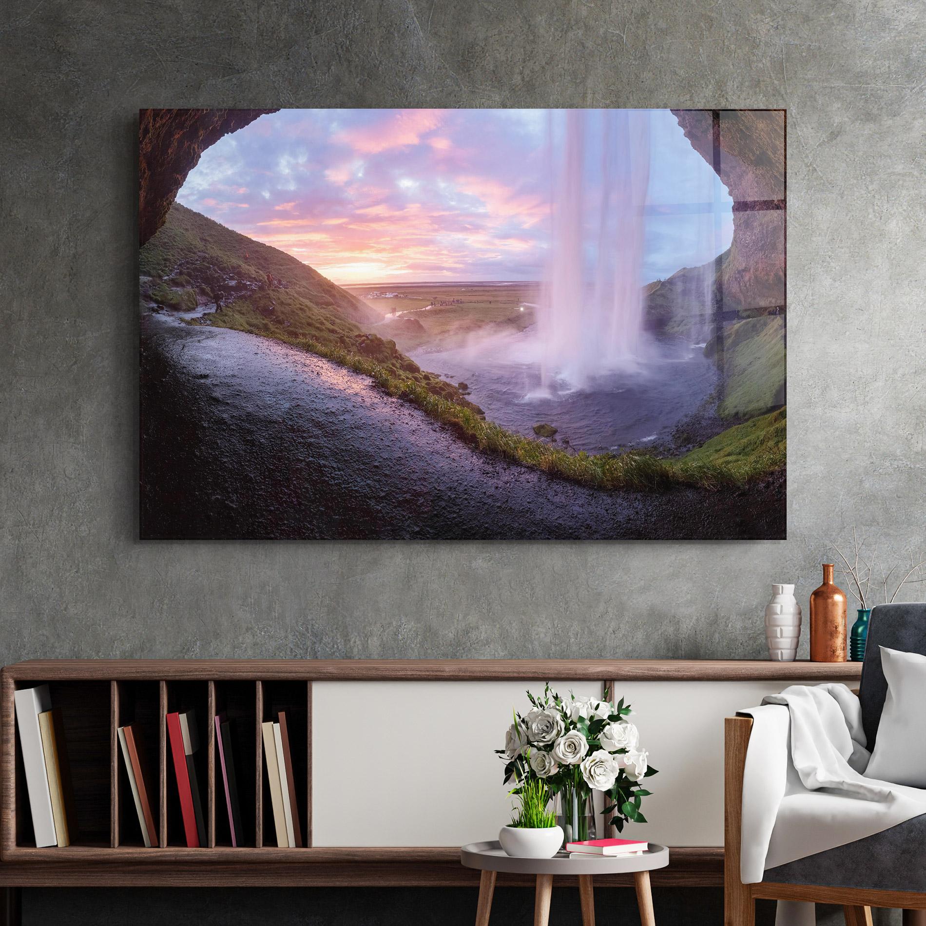 Glasbild Waterfall From Cave View mockup 2