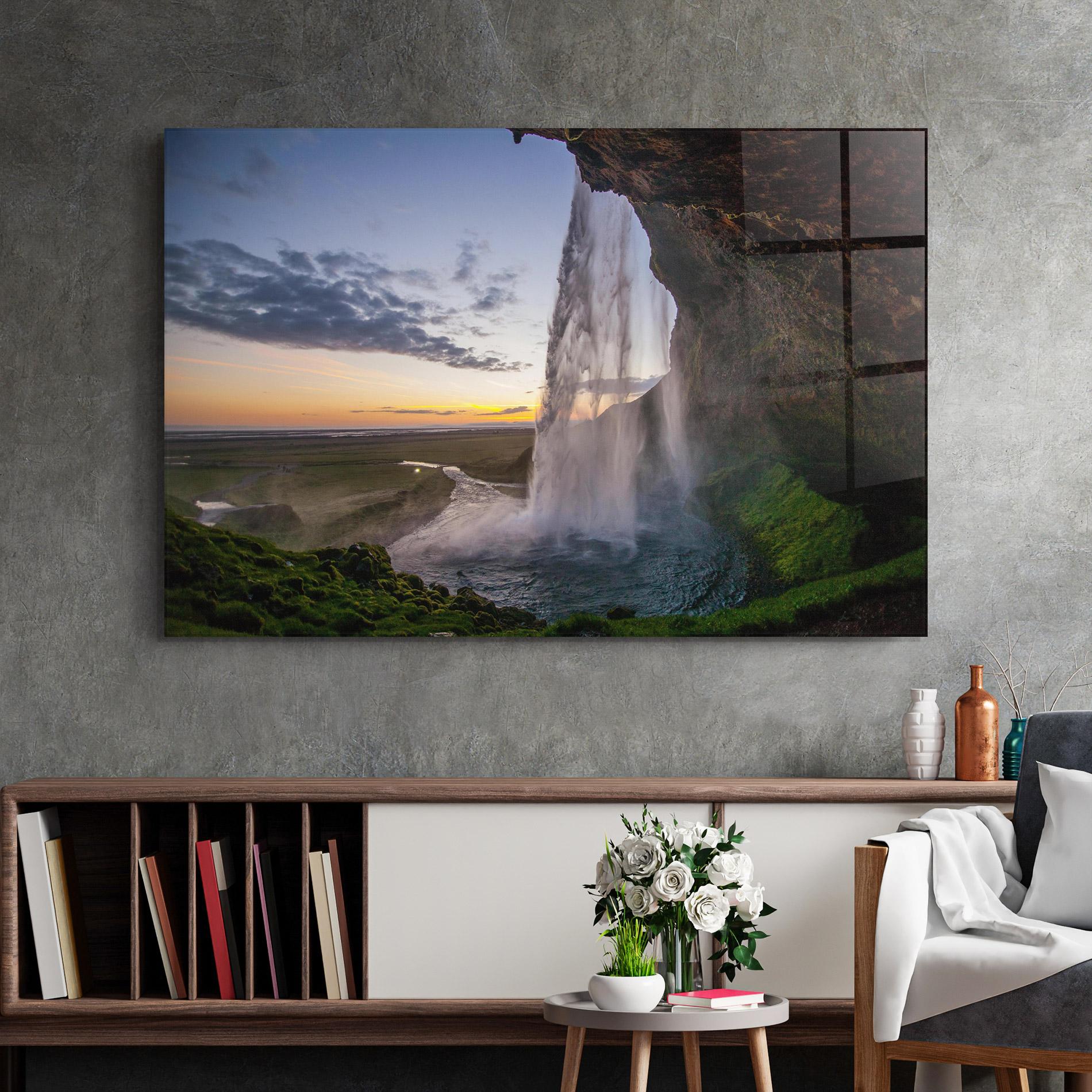 Glasbild Yellow Line Waterfall mockup 2