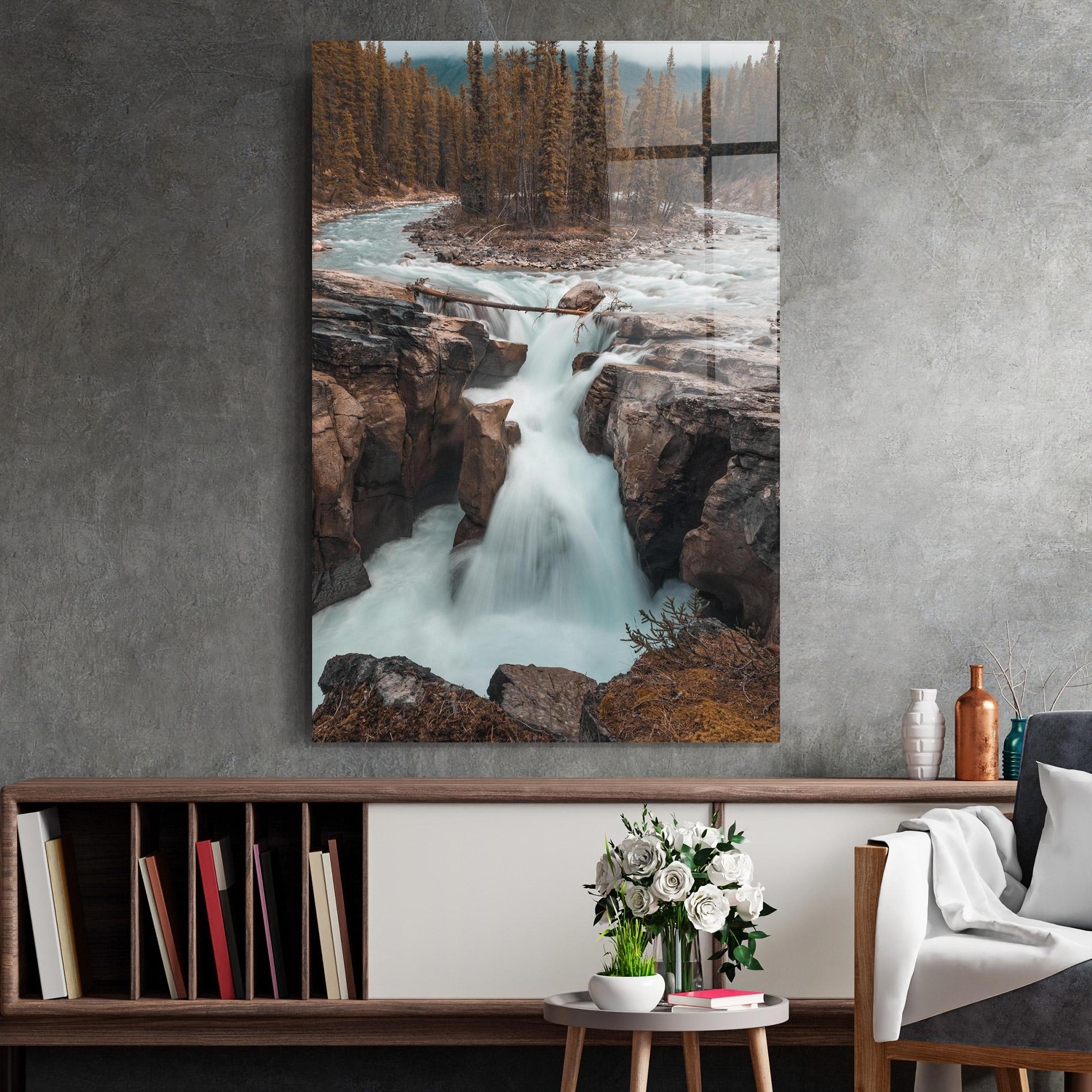 Glasbild Orange Trees Waterfall mockup 2