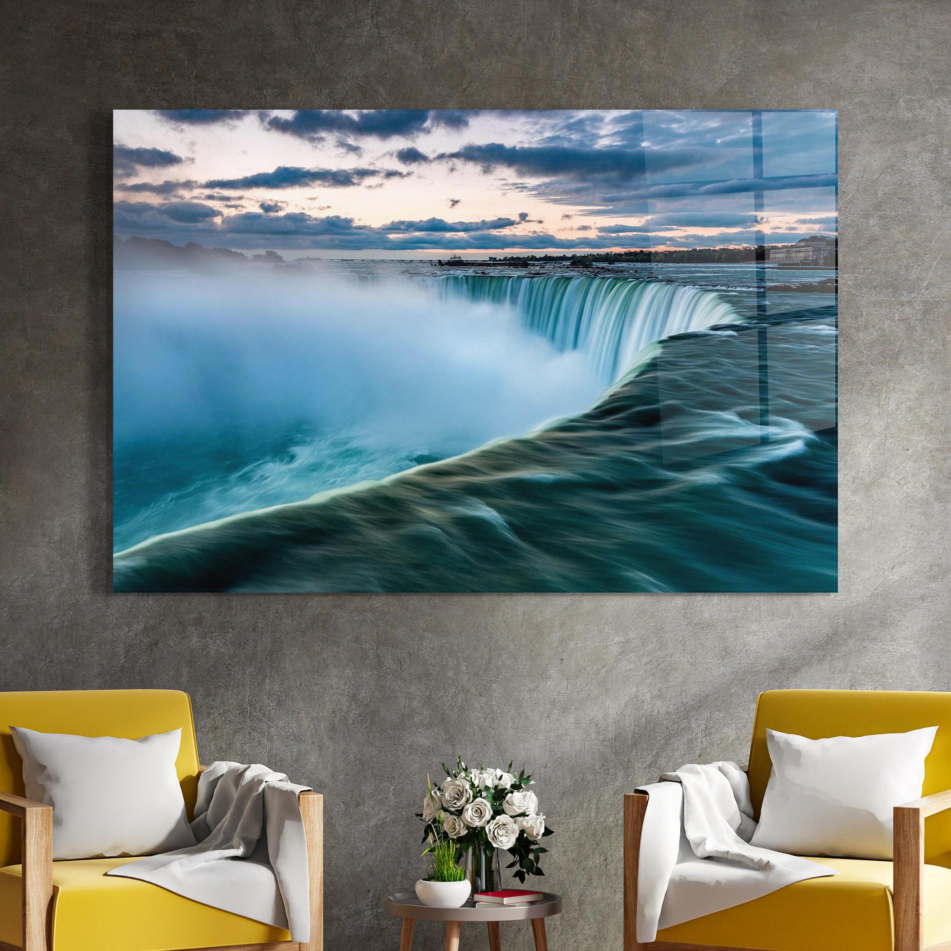 Glasbild Blue Dreamy Waterfall mockup 4