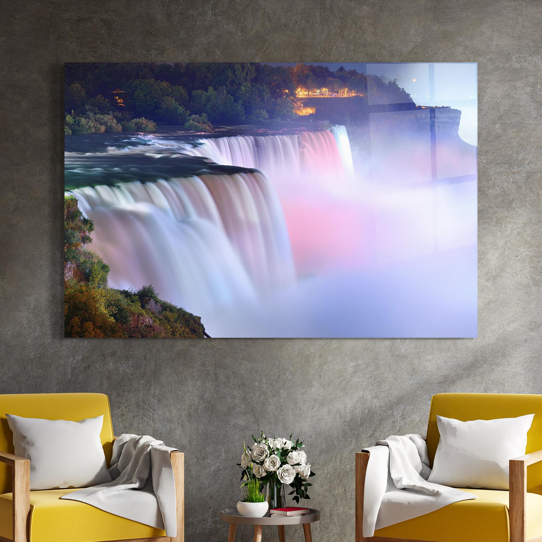 Glasbild Dreamy Purple Waterfall mockup 4