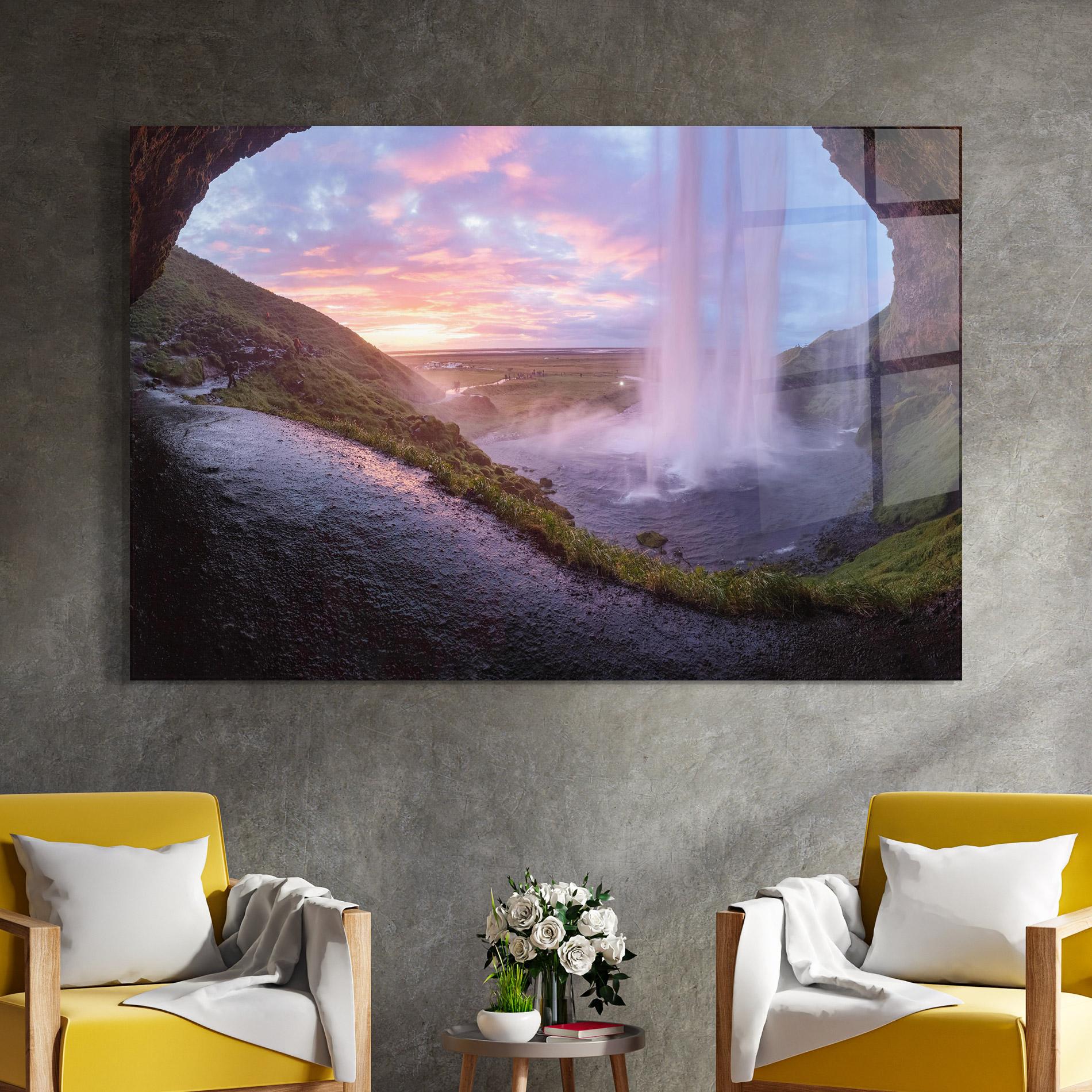 Glasbild Waterfall From Cave View mockup 4