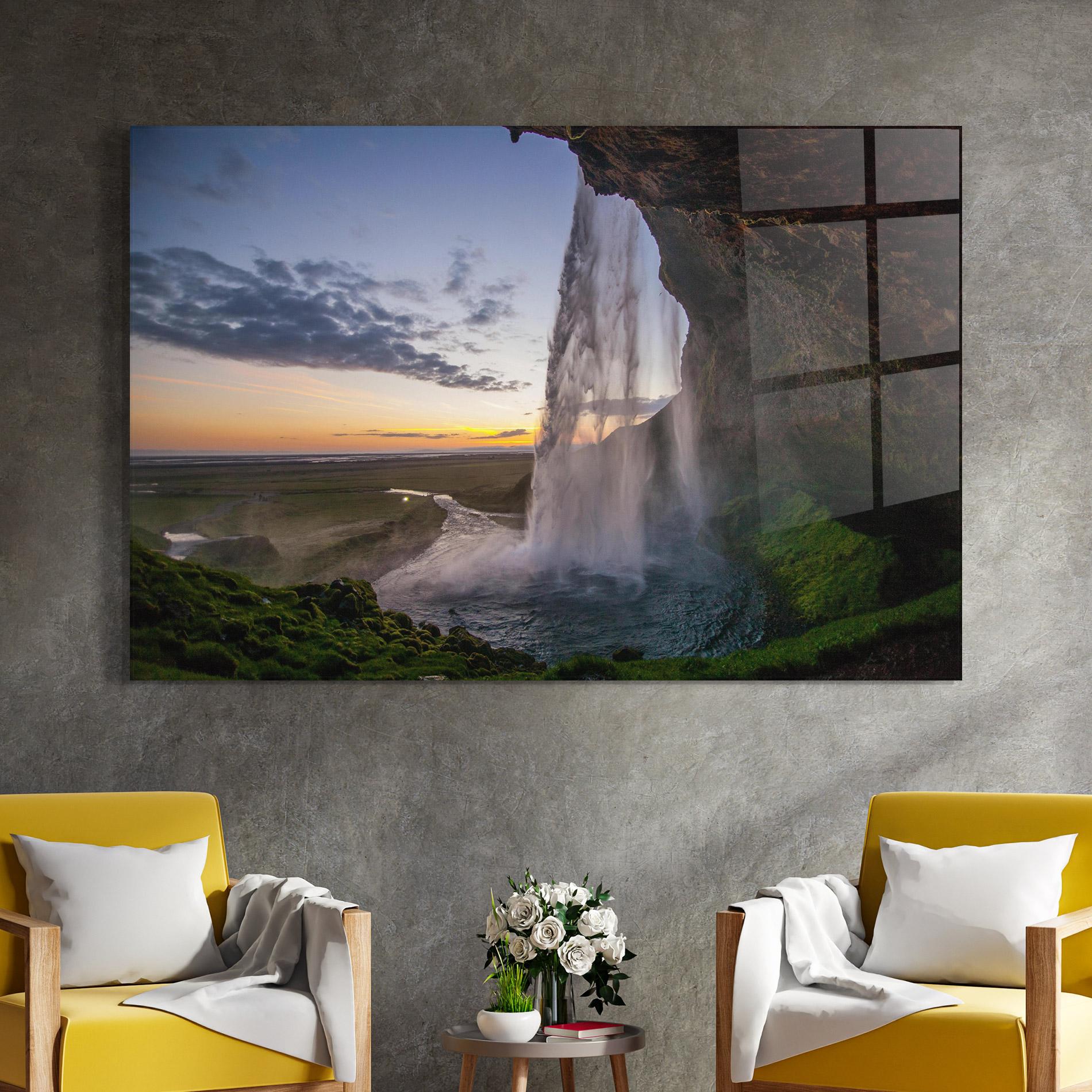 Glasbild Yellow Line Waterfall mockup 4