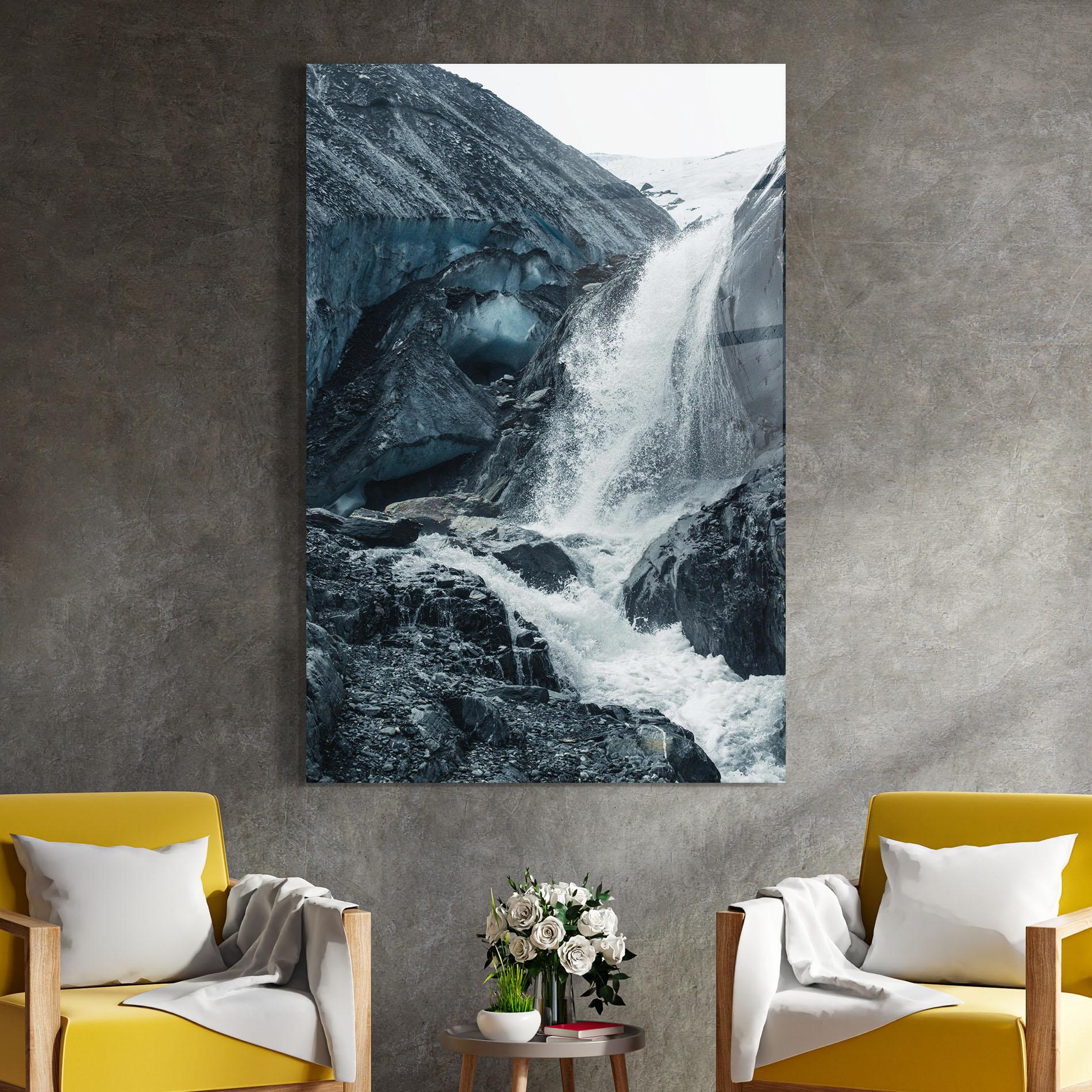 Glasbild Blue Rocks Waterfall mockup 4