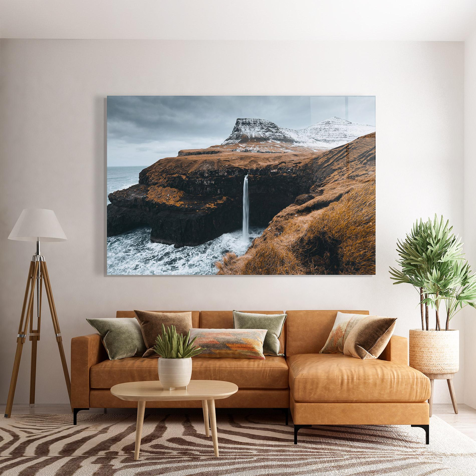 Glasbild Black Houses Waterfall mockup 7