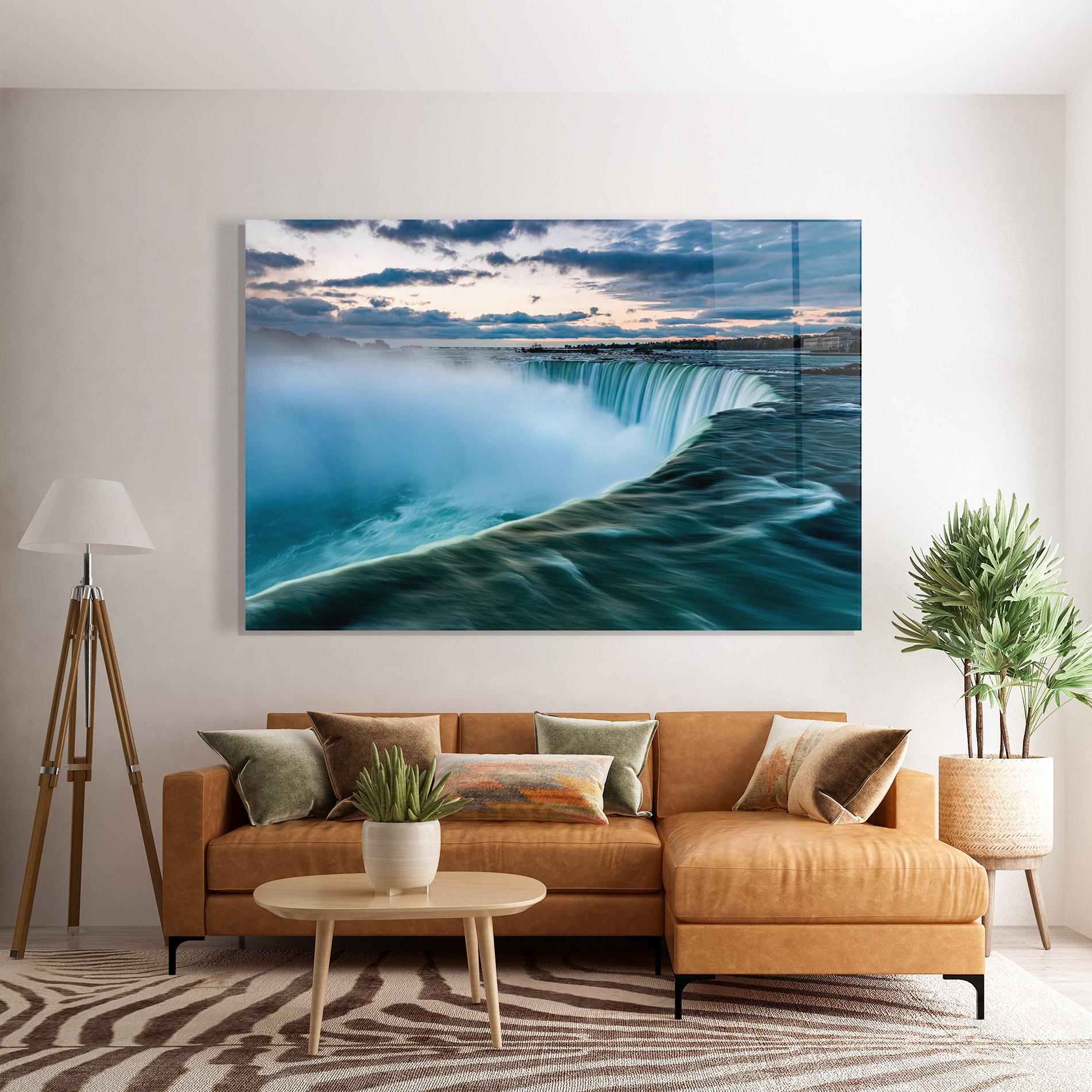 Glasbild Dreamy Blue Waterfall mockup 7