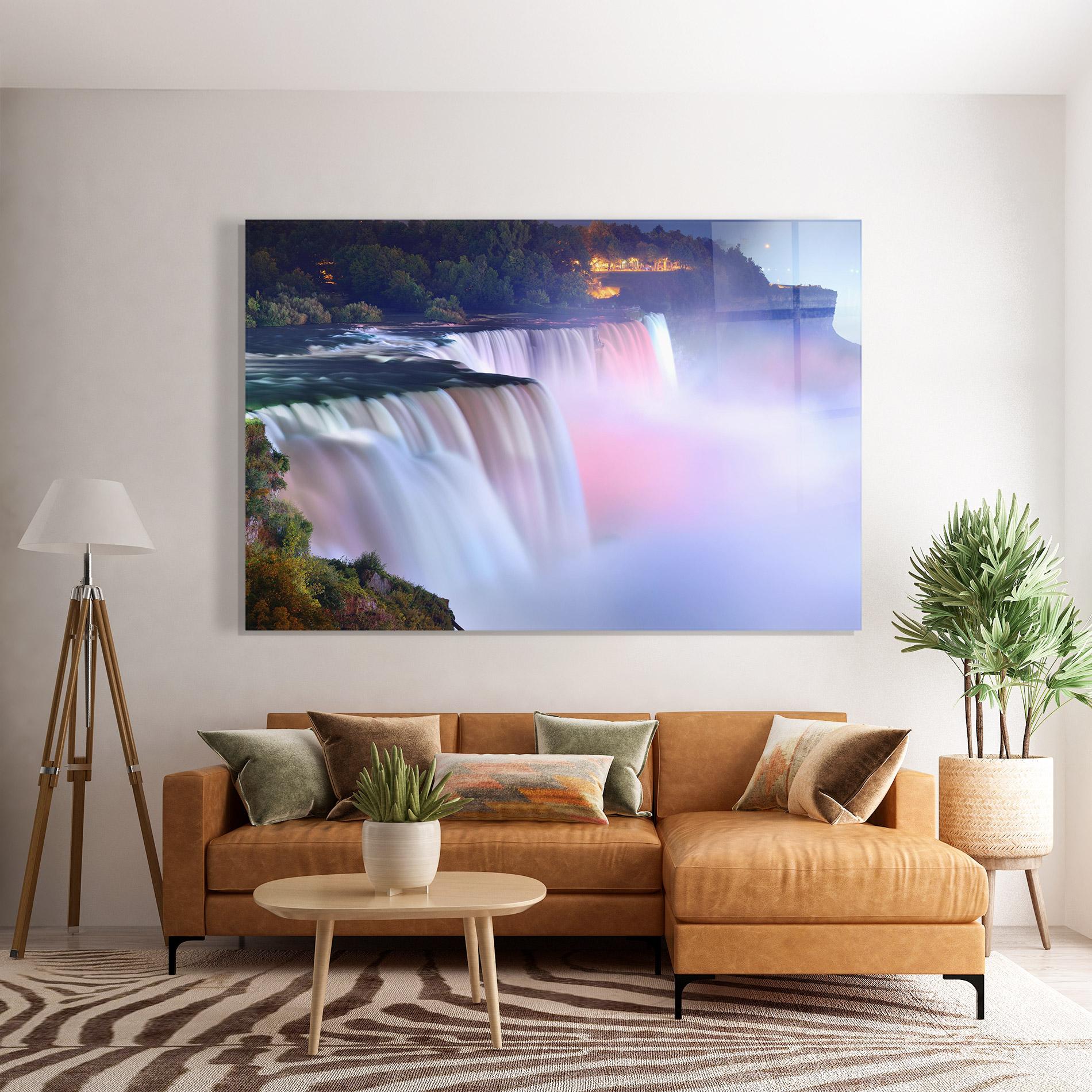Glasbild Dreamy Purple Waterfall mockup 7