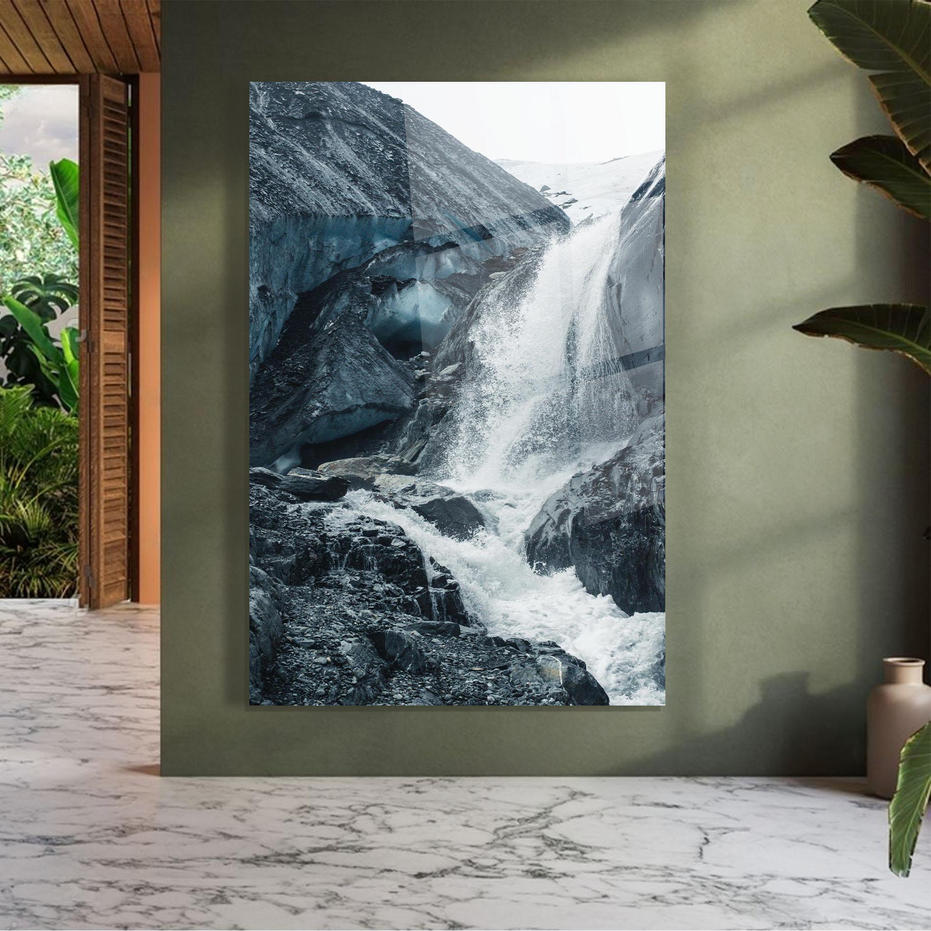 Glasbild Blue Rocks Waterfall mockup 7