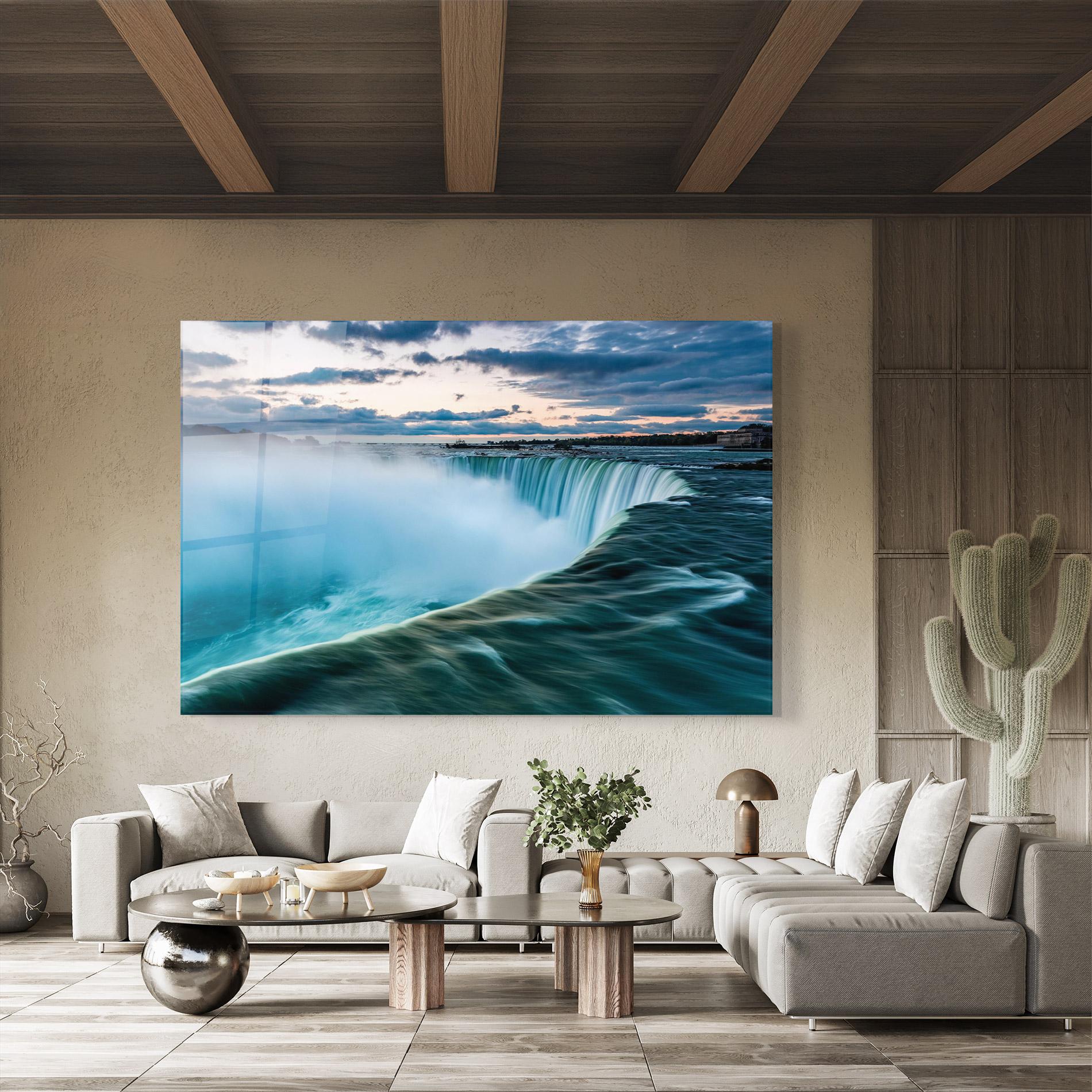 Glasbild Dreamy Blue Waterfall mockup 8