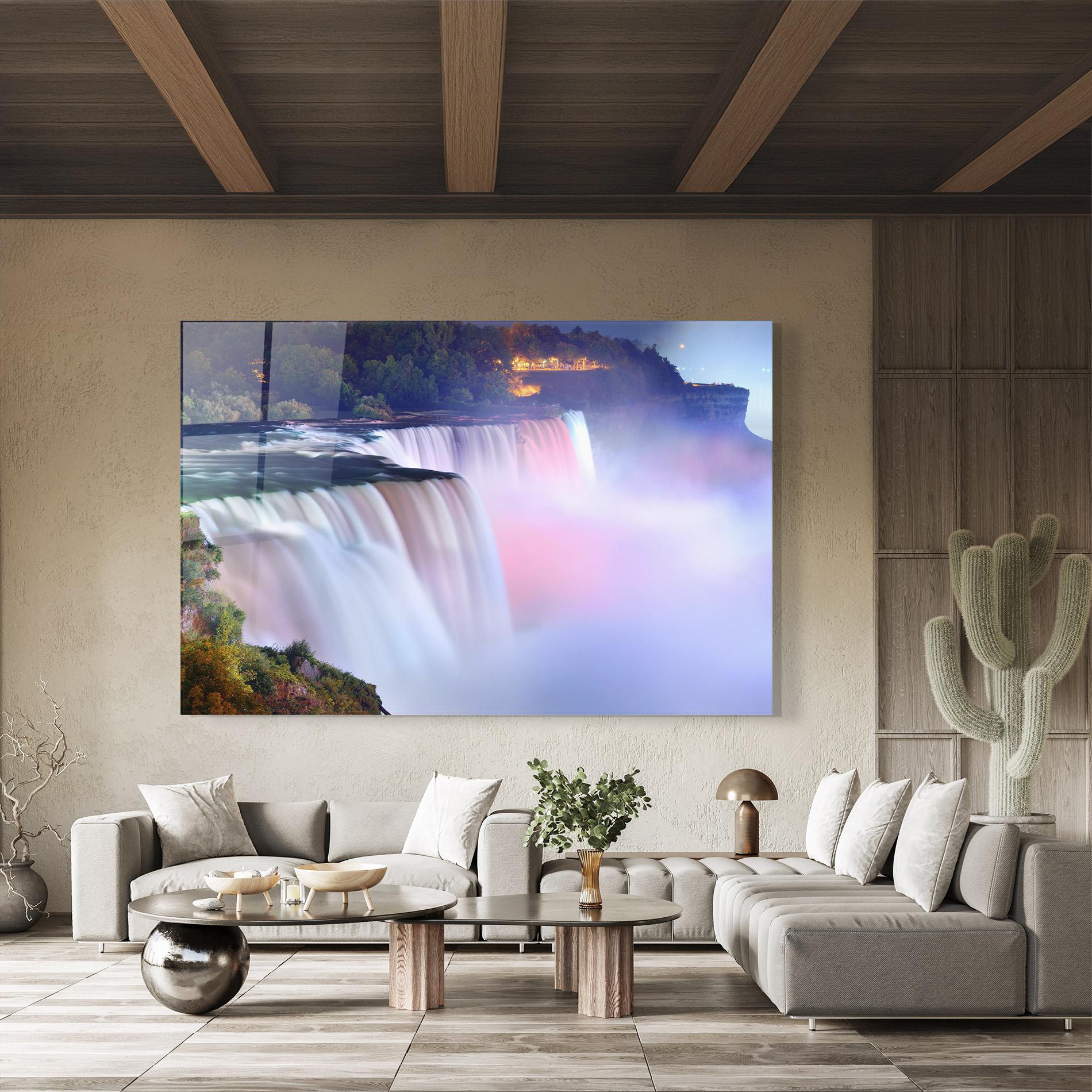 Glasbild Dreamy Purple Waterfall mockup 8