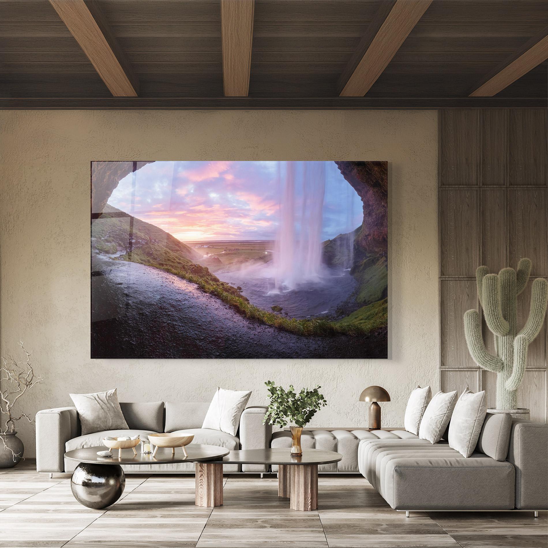 Glasbild Waterfall From Cave View mockup 8